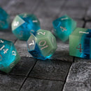 Synthetic Gemstone Two Tone Blue/Green Hand Carved DND Dice Set - Bards & Cards
