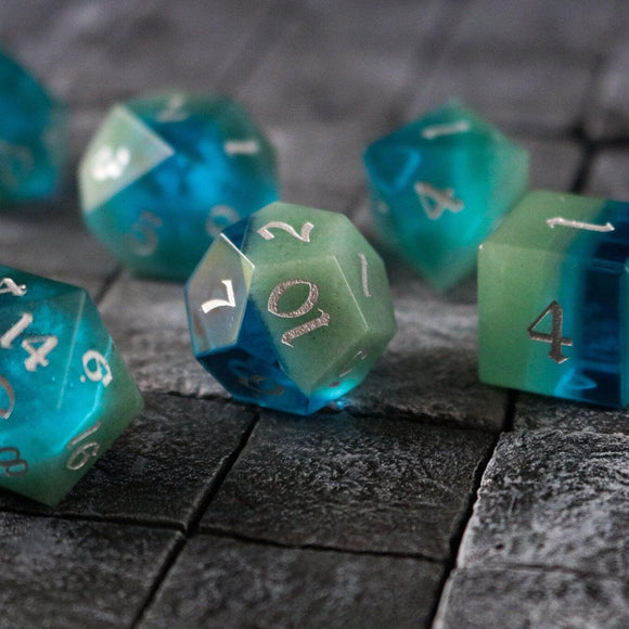 Synthetic Gemstone Two Tone Blue/Green Hand Carved DND Dice Set - Bards & Cards