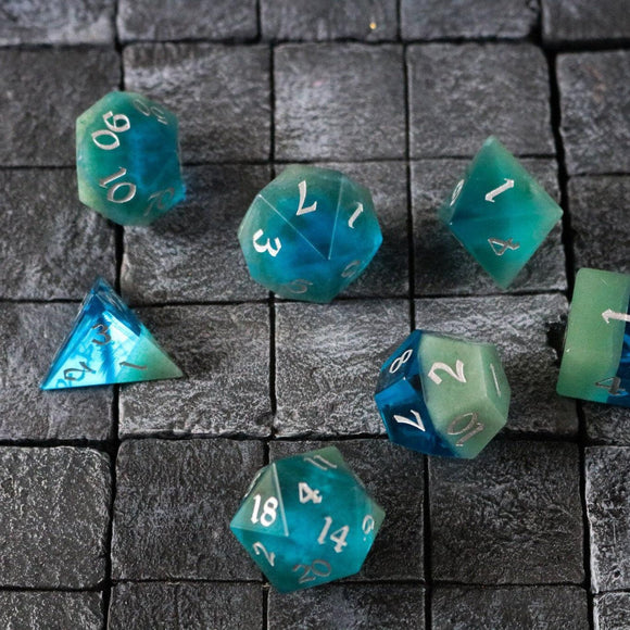 Synthetic Gemstone Two Tone Blue/Green Hand Carved DND Dice Set - Bards & Cards