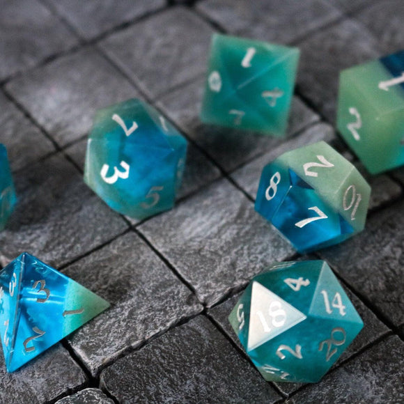 Synthetic Gemstone Two Tone Blue/Green Hand Carved DND Dice Set - Bards & Cards
