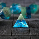Synthetic Gemstone Two Tone Blue/Green Hand Carved DND Dice Set - Bards & Cards