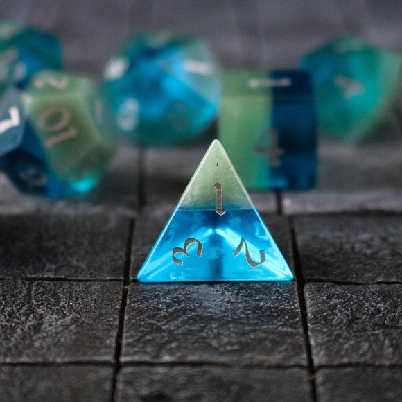 Synthetic Gemstone Two Tone Blue/Green Hand Carved DND Dice Set - Bards & Cards
