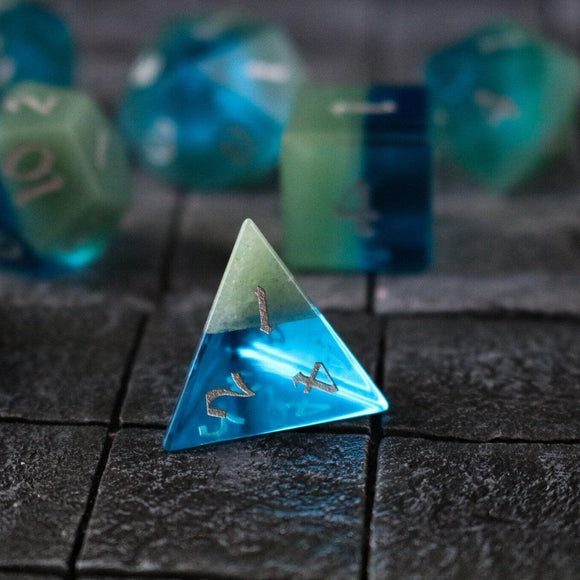 Synthetic Gemstone Two Tone Blue/Green Hand Carved DND Dice Set - Bards & Cards