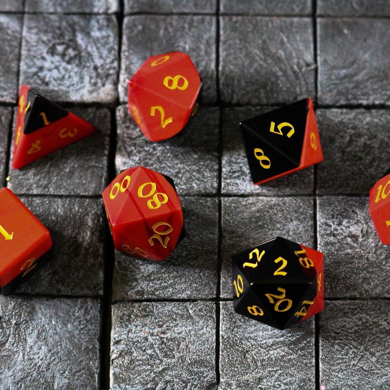 Synthetic Gemstone Two Tone Red/Black Hand Carved DND Dice Set - 0
