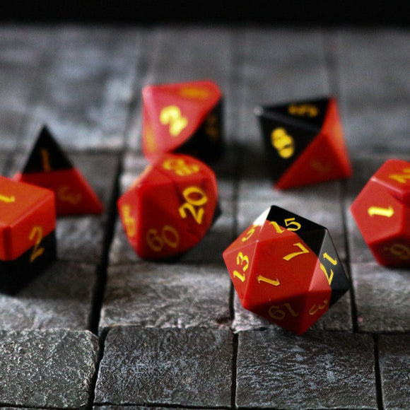 Synthetic Gemstone Two Tone Red/Black Hand Carved DND Dice Set - Bards & Cards