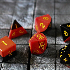 Synthetic Gemstone Two Tone Red/Black Hand Carved DND Dice Set - Bards & Cards
