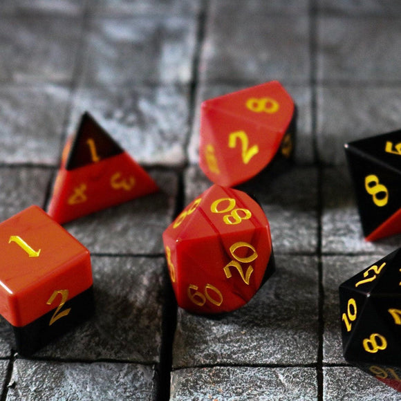 Synthetic Gemstone Two Tone Red/Black Hand Carved DND Dice Set - Bards & Cards