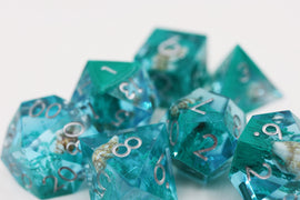 Sharp Edge Resin RPG Dice Set - Teal Coral & Sea Snail - Bards & Cards