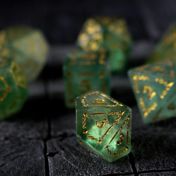 Vine Spike Green Fluorite Gemstone DND Dice Set - Bards & Cards