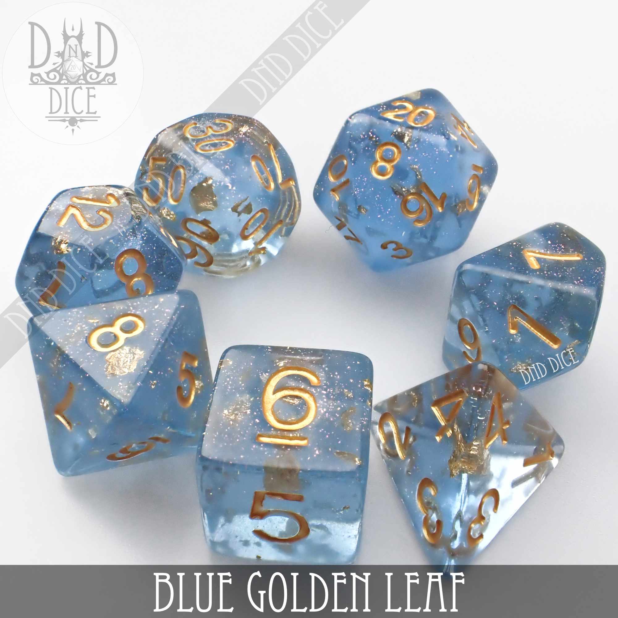 Blue Golden Leaf Dice Set - Bards & Cards