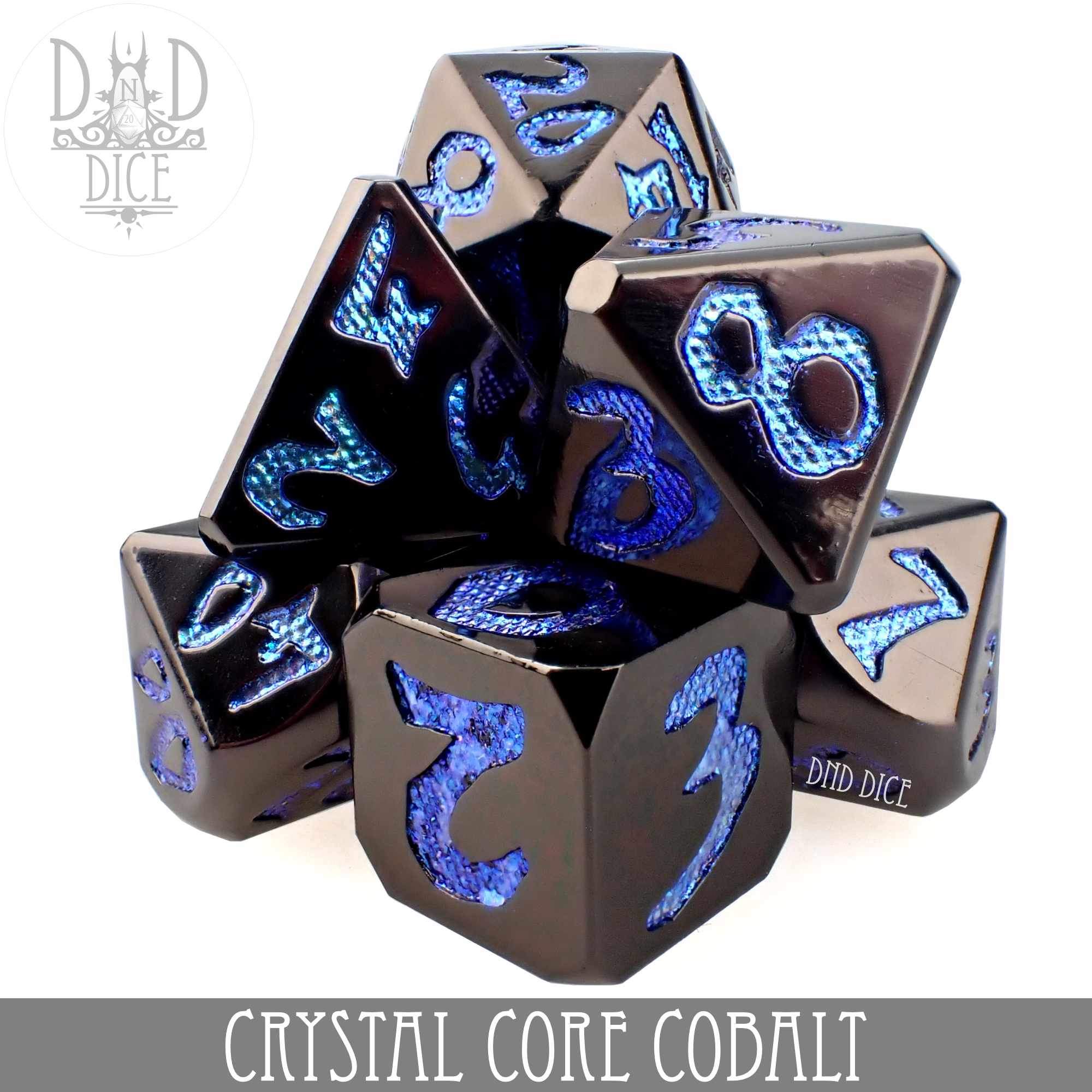 Crystal Core Cobalt Metal Dice Set - Bards & Cards