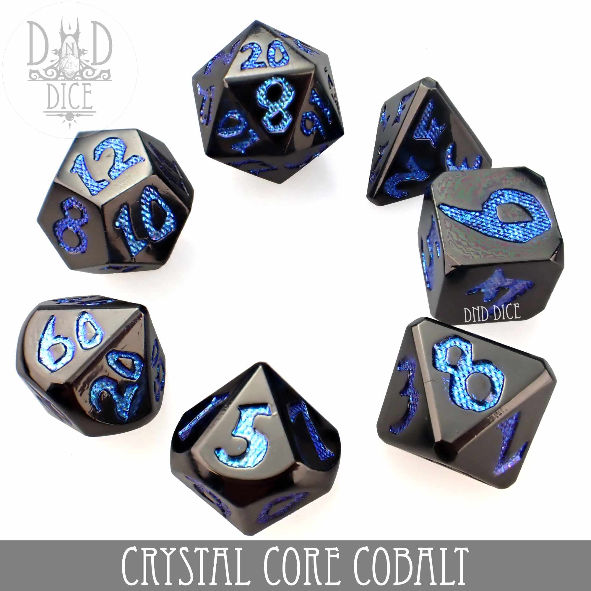 Crystal Core Cobalt Metal Dice Set - Bards & Cards