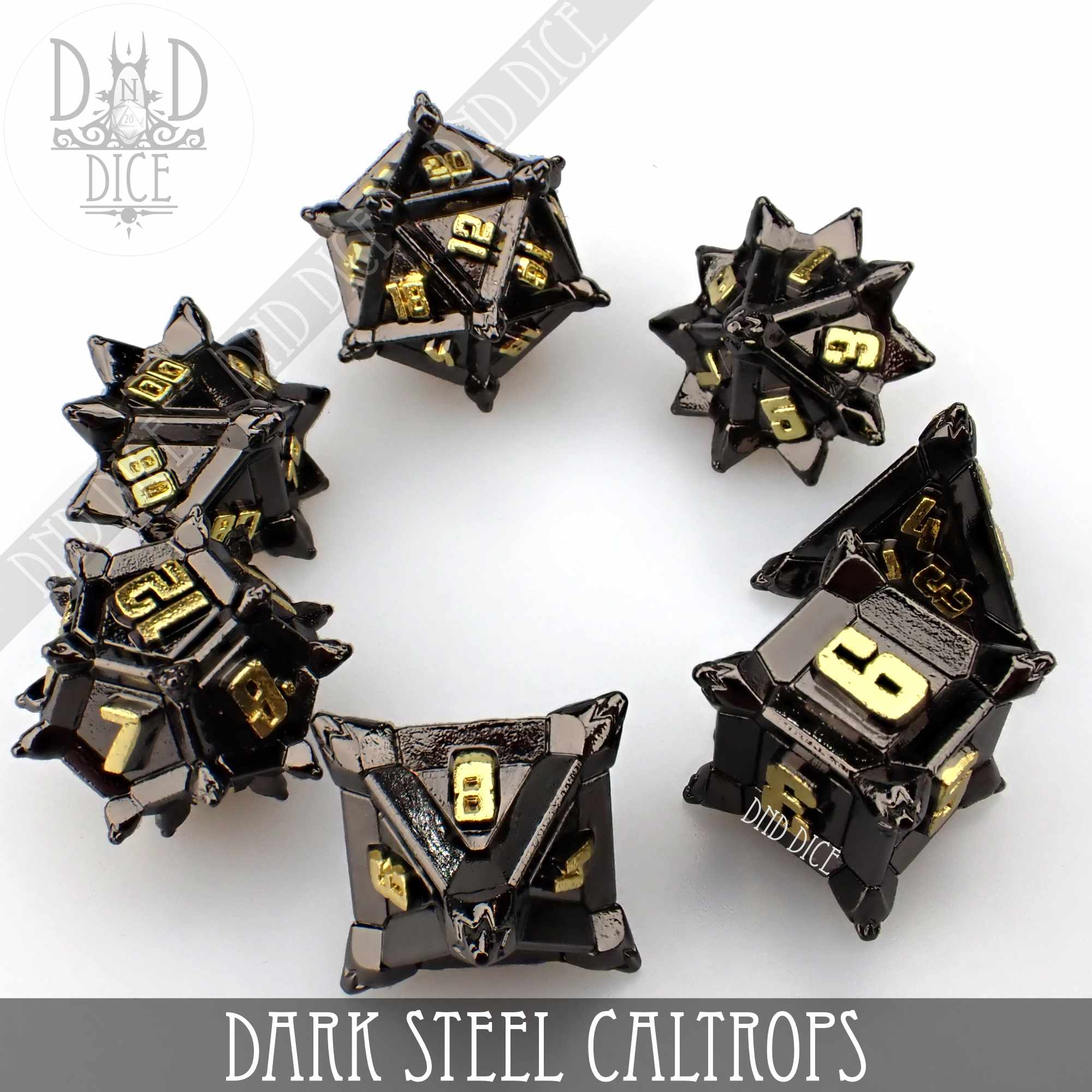 Dark Steel Caltrops Metal Dice Set - Bards & Cards