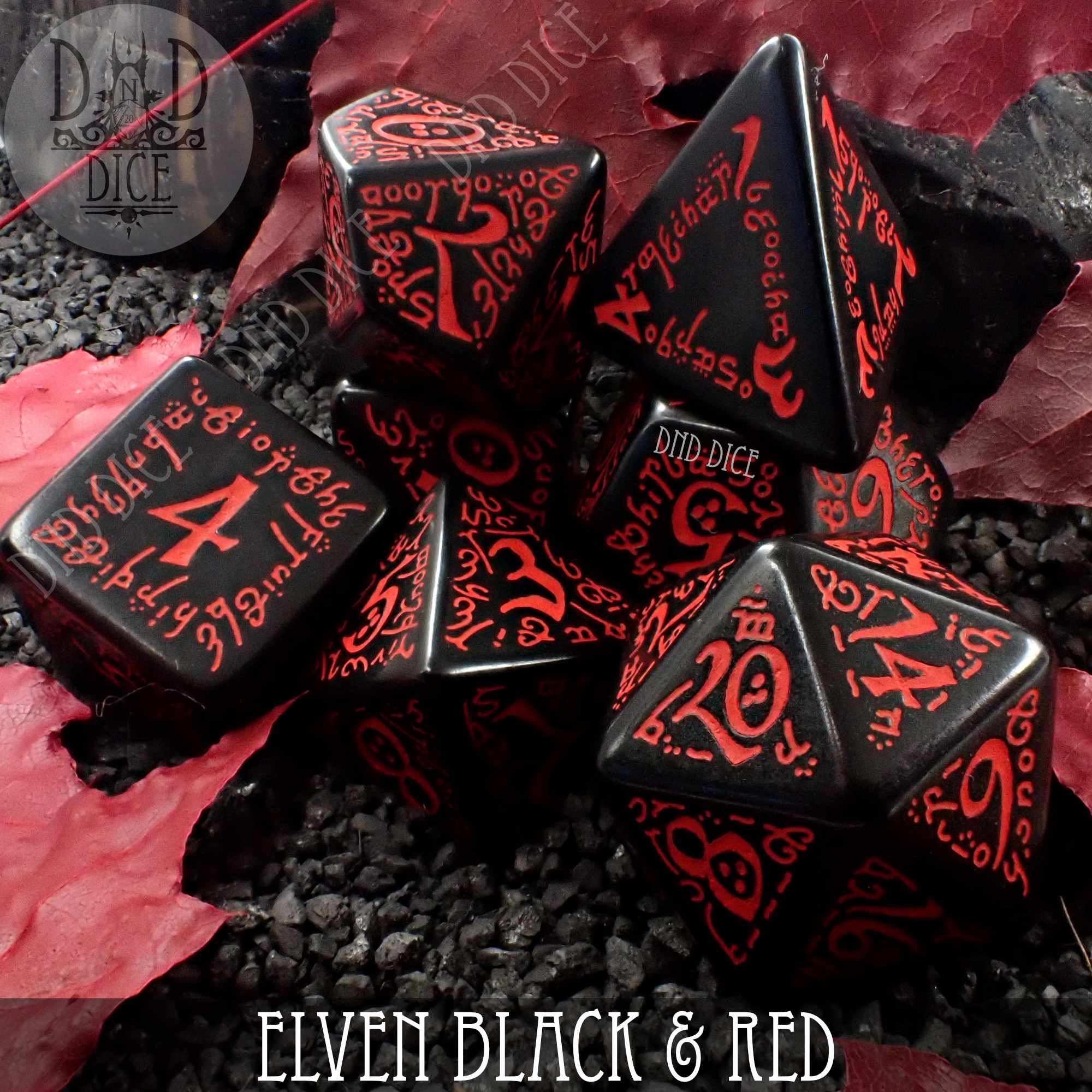 Elven Black & Red Dice Set - Bards & Cards