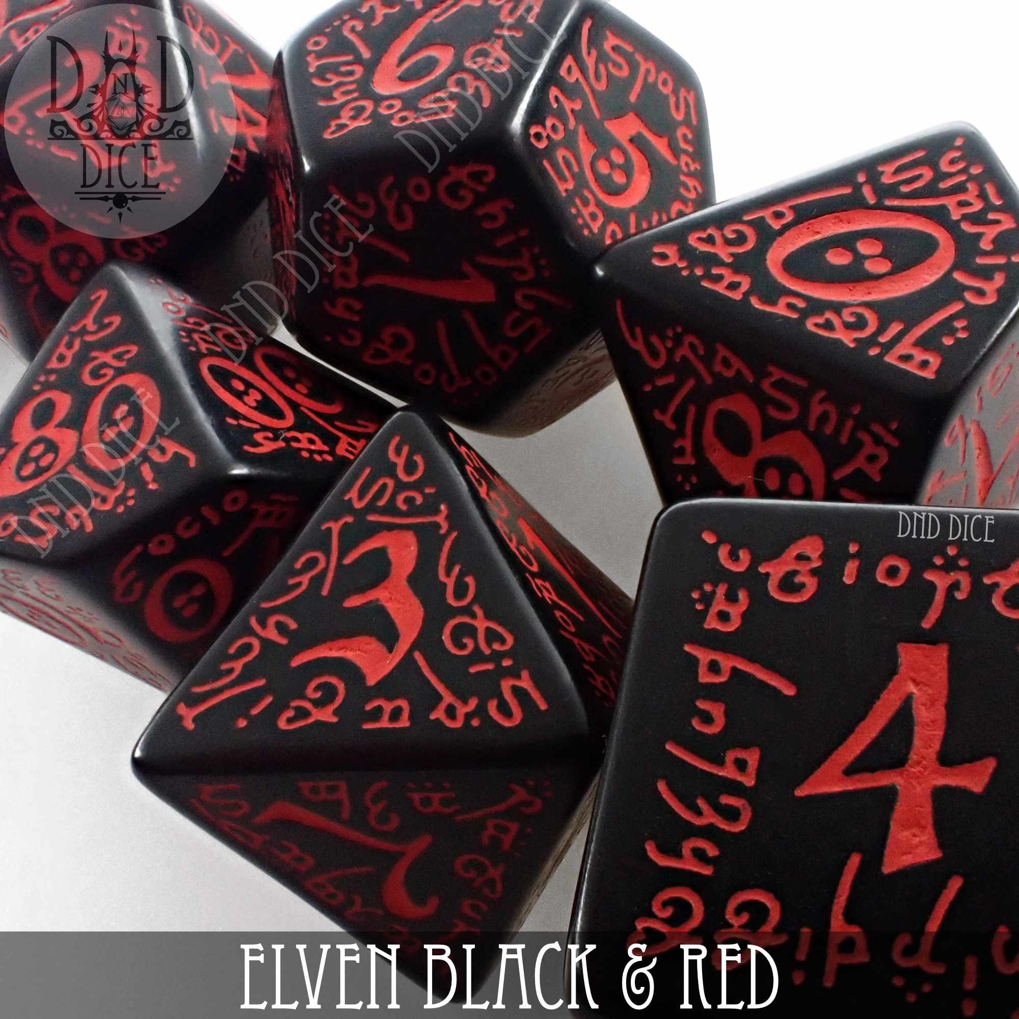 Elven Black & Red Dice Set - Bards & Cards