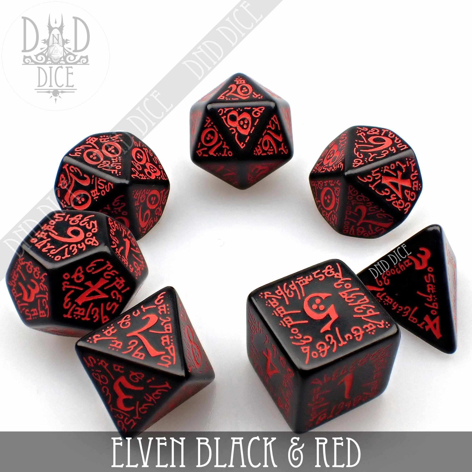 Elven Black & Red Dice Set - Bards & Cards