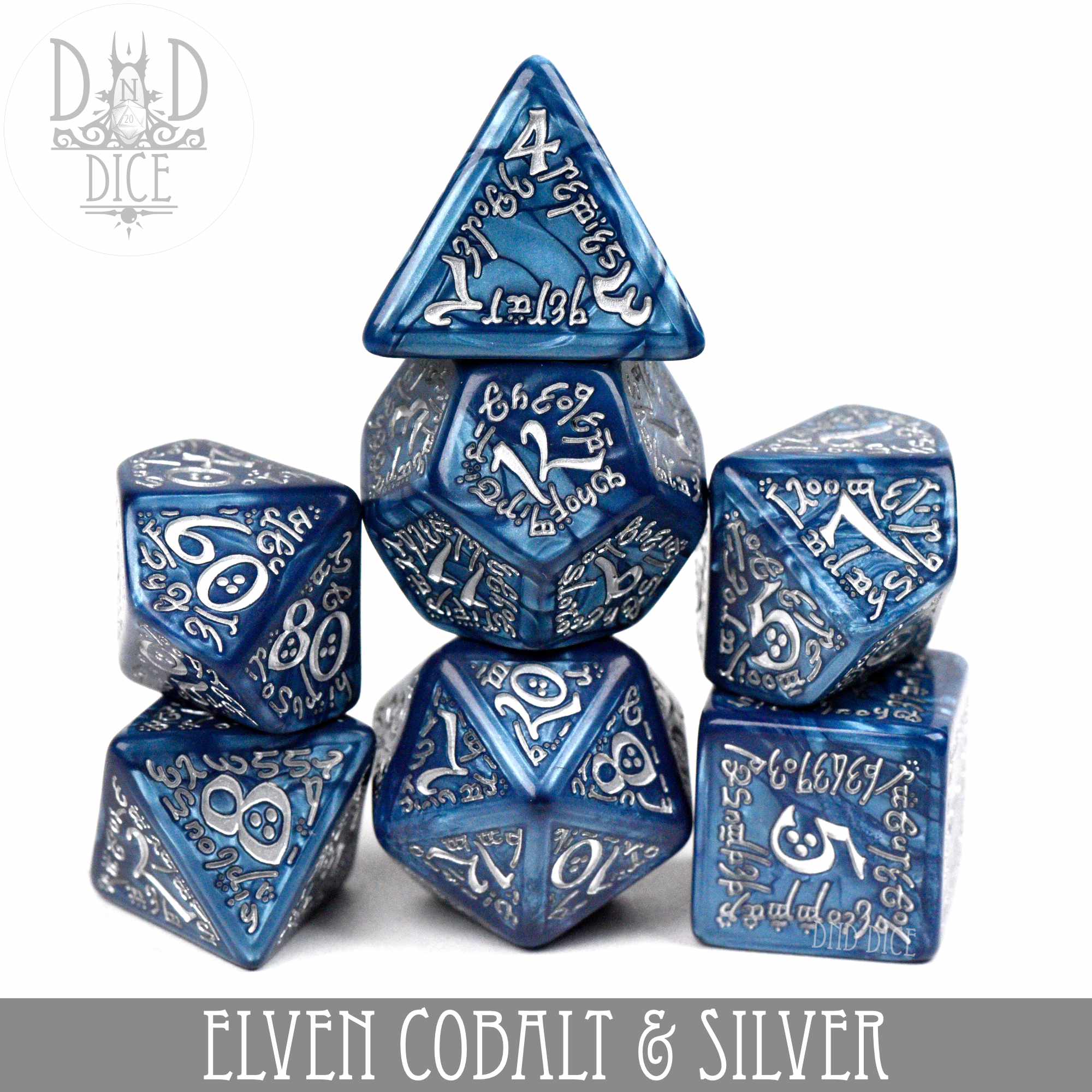 Elven Cobalt & Silver Dice Set - Bards & Cards