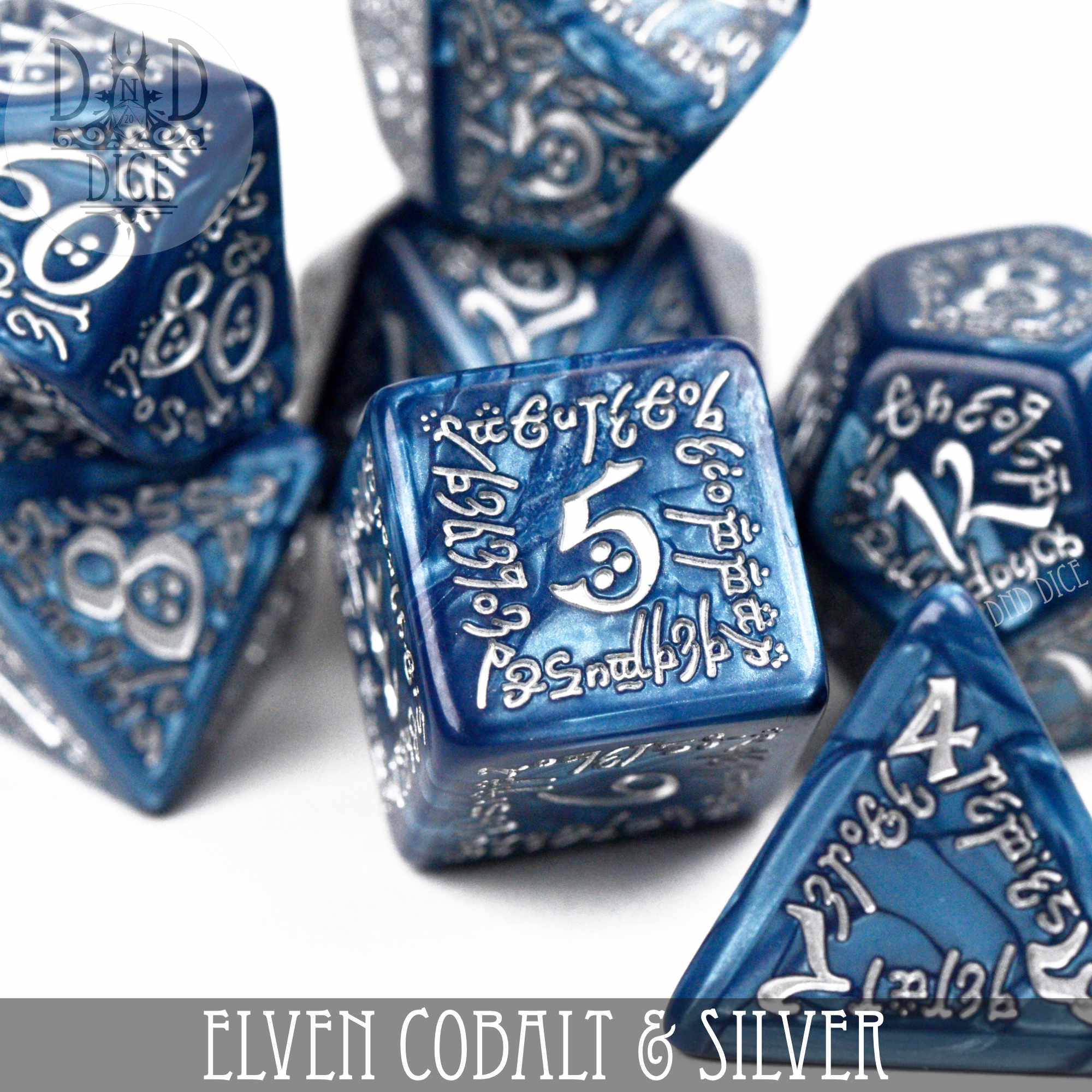 Elven Cobalt & Silver Dice Set - Bards & Cards