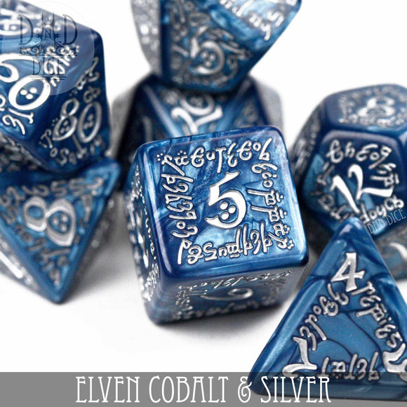Elven Cobalt & Silver Dice Set - Bards & Cards