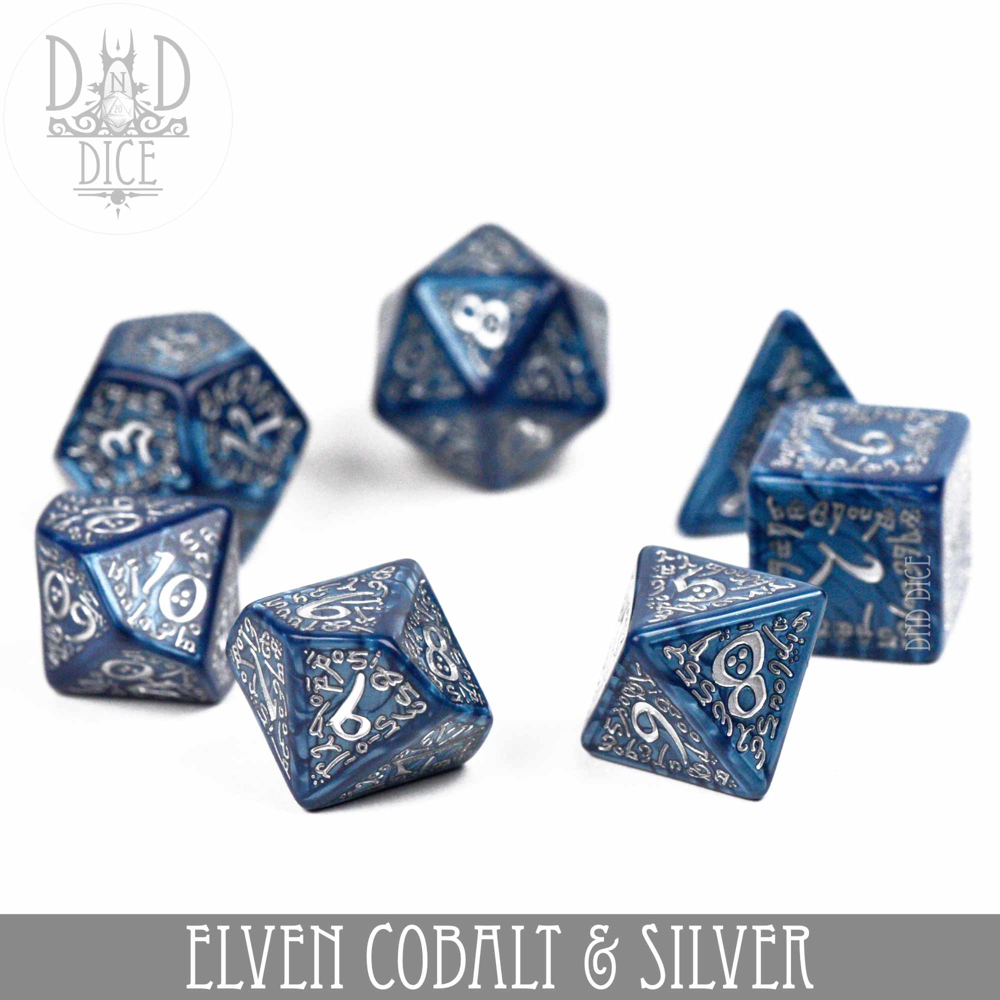 Elven Cobalt & Silver Dice Set - Bards & Cards