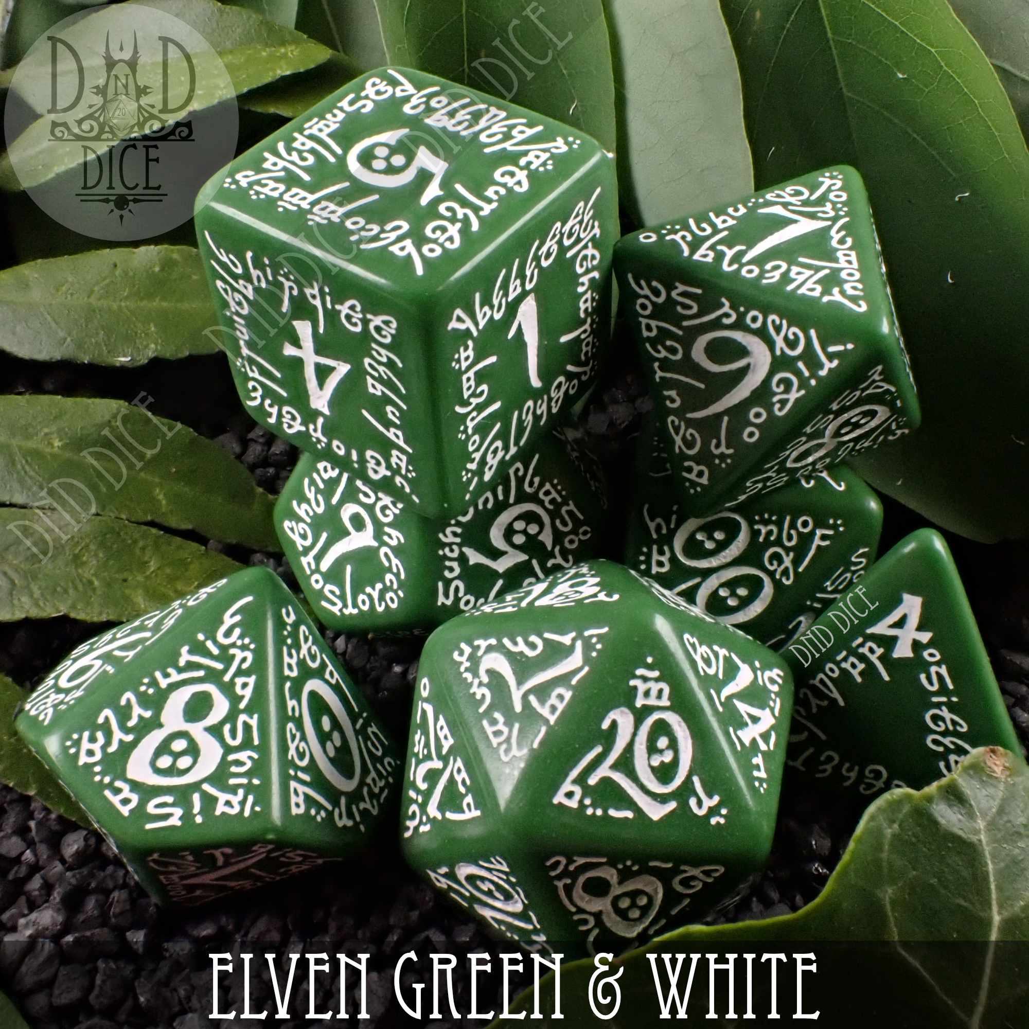 Elven Green & White Dice Set - Bards & Cards