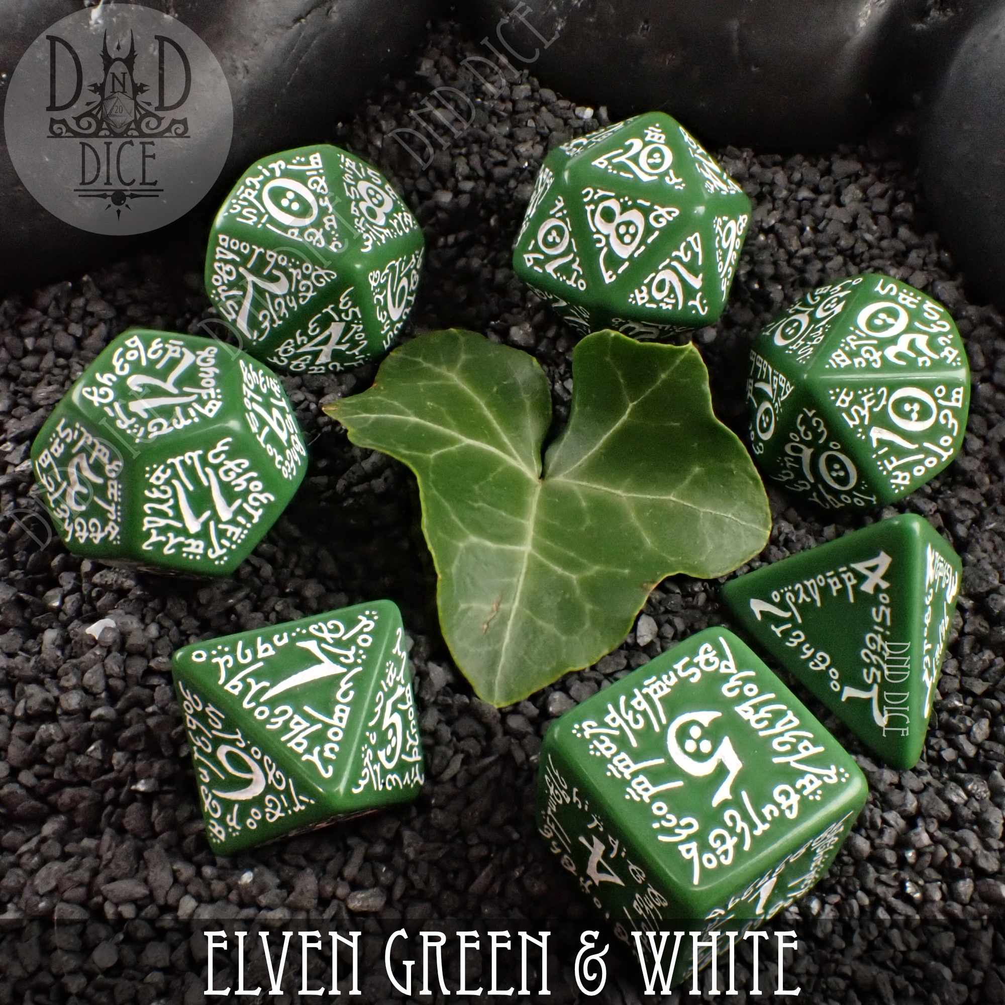 Elven Green & White Dice Set - Bards & Cards