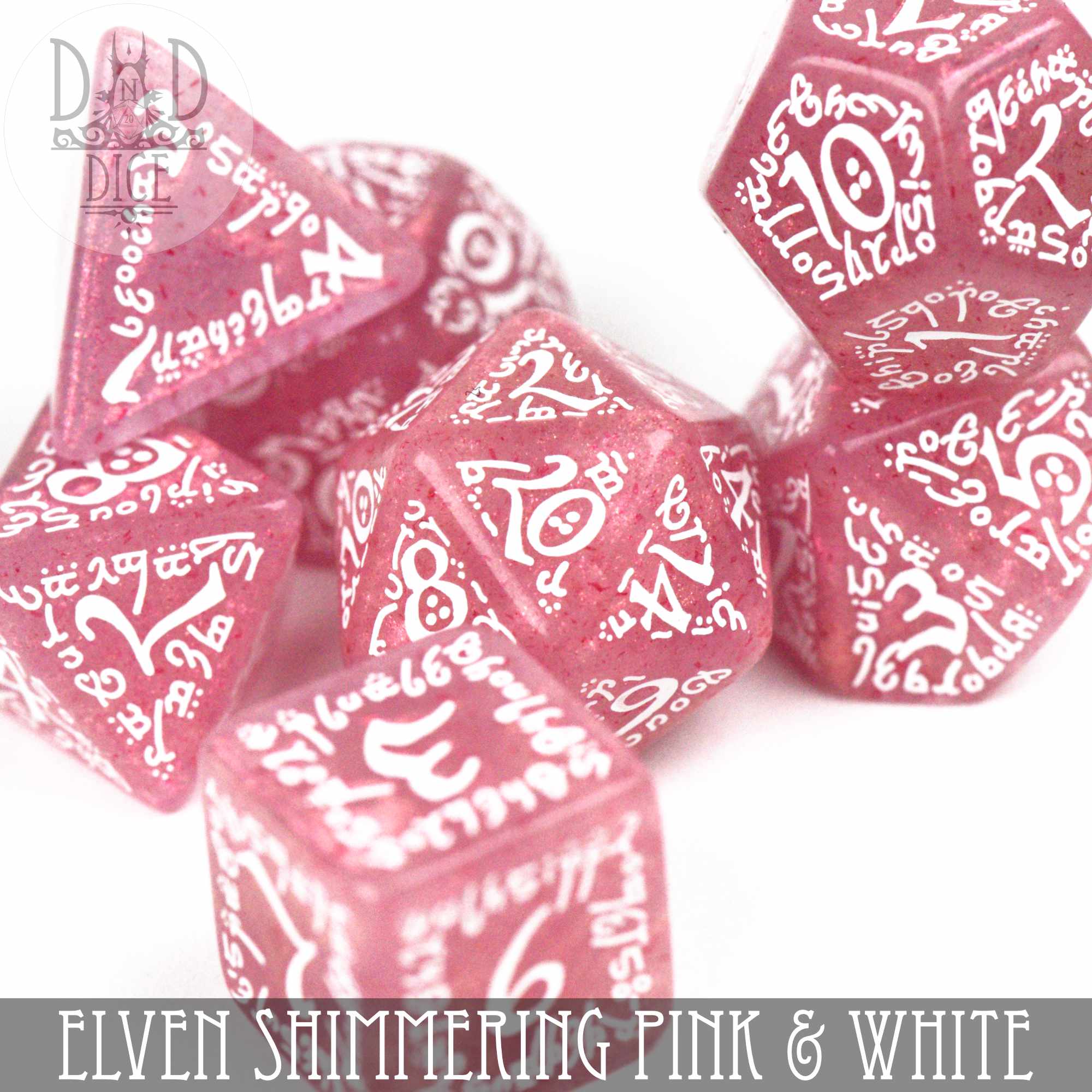 Elven Shimmering Pink & White Dice Set - Bards & Cards