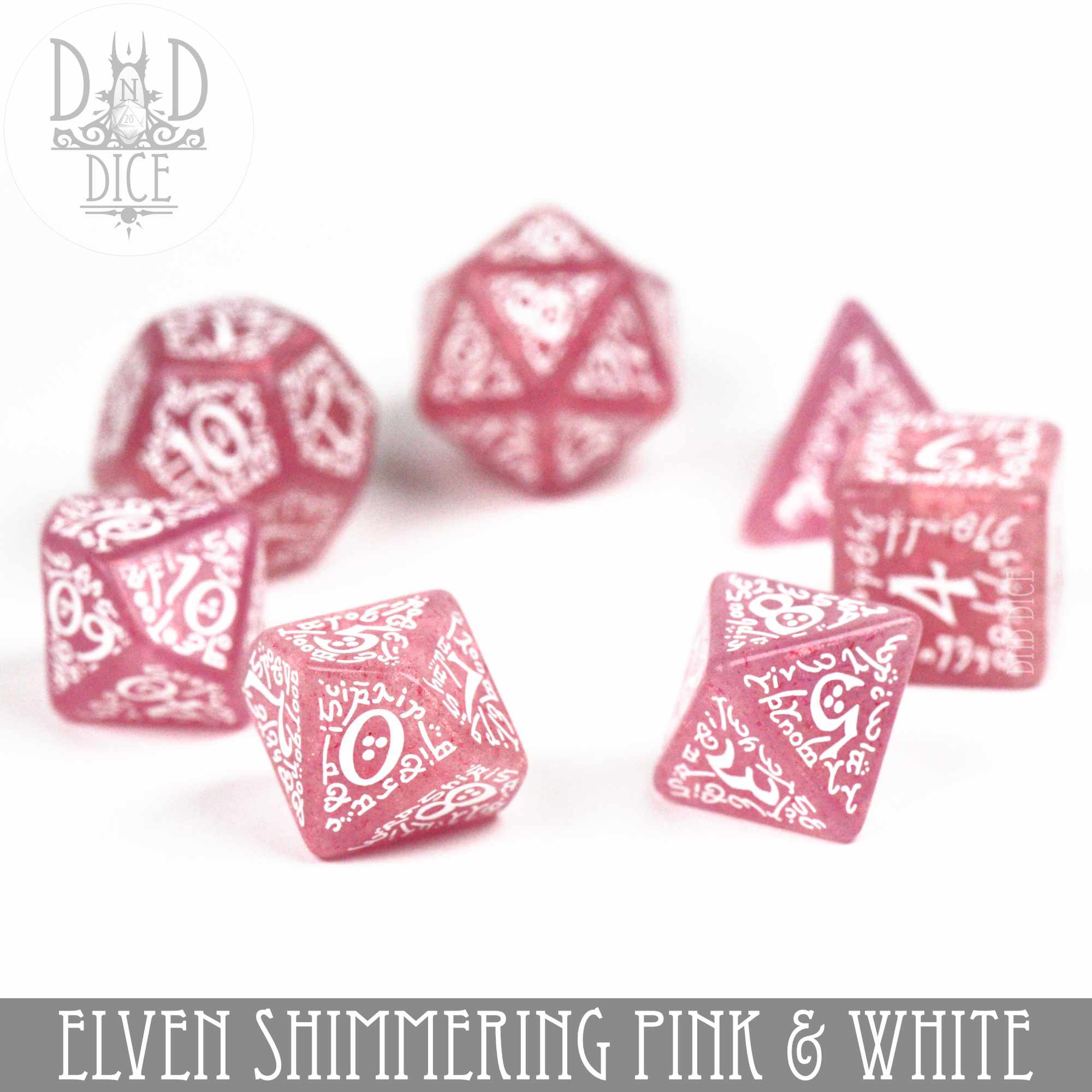 Elven Shimmering Pink & White Dice Set - Bards & Cards