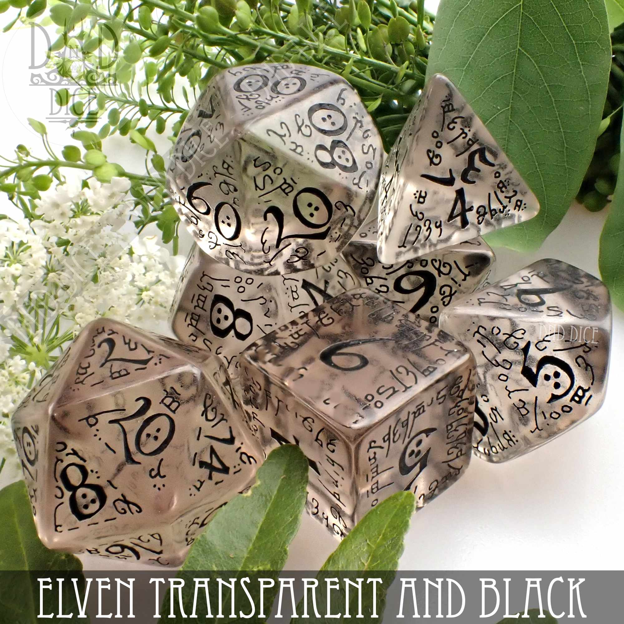 Elven Transparent & Black Dice Set - Bards & Cards