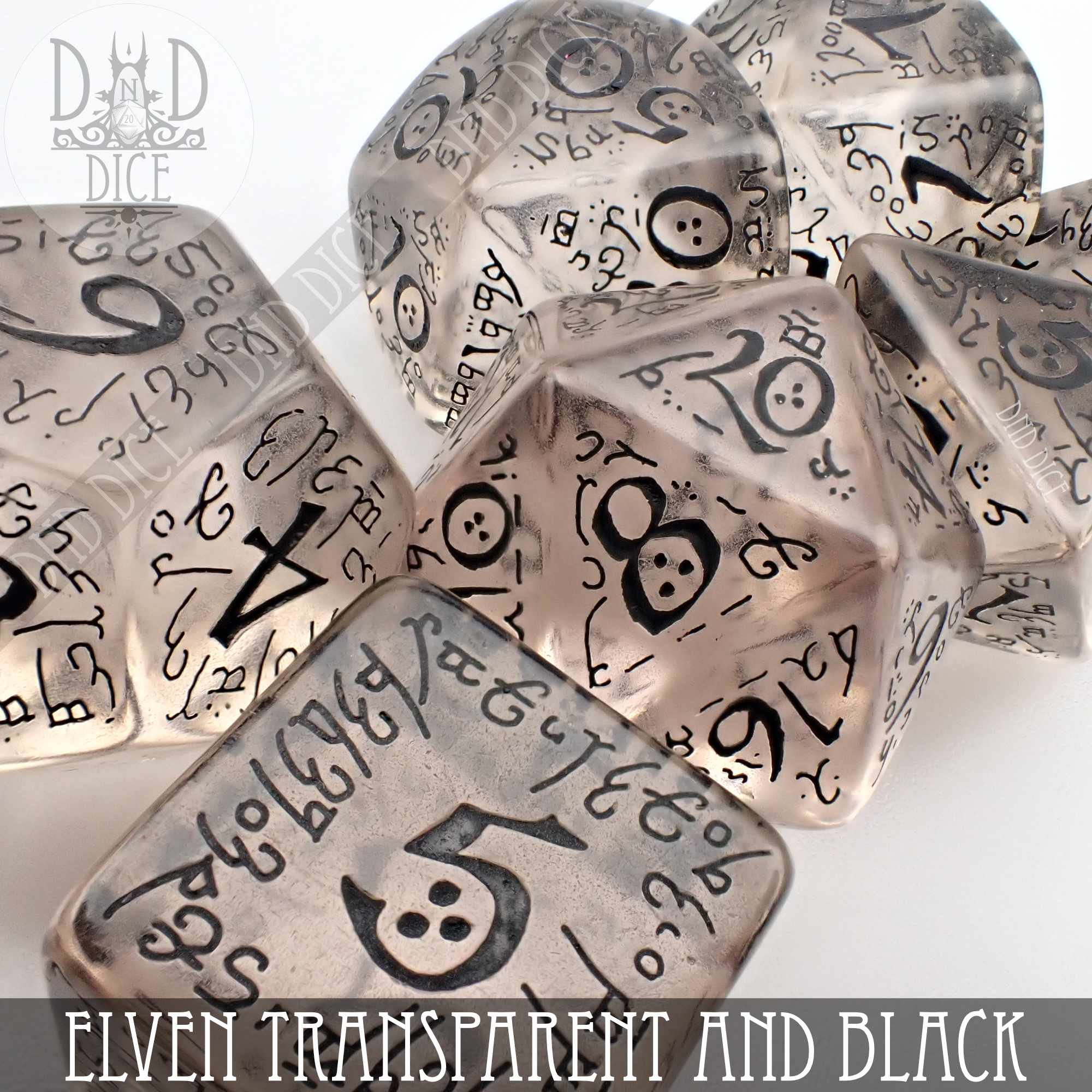 Elven Transparent & Black Dice Set - Bards & Cards