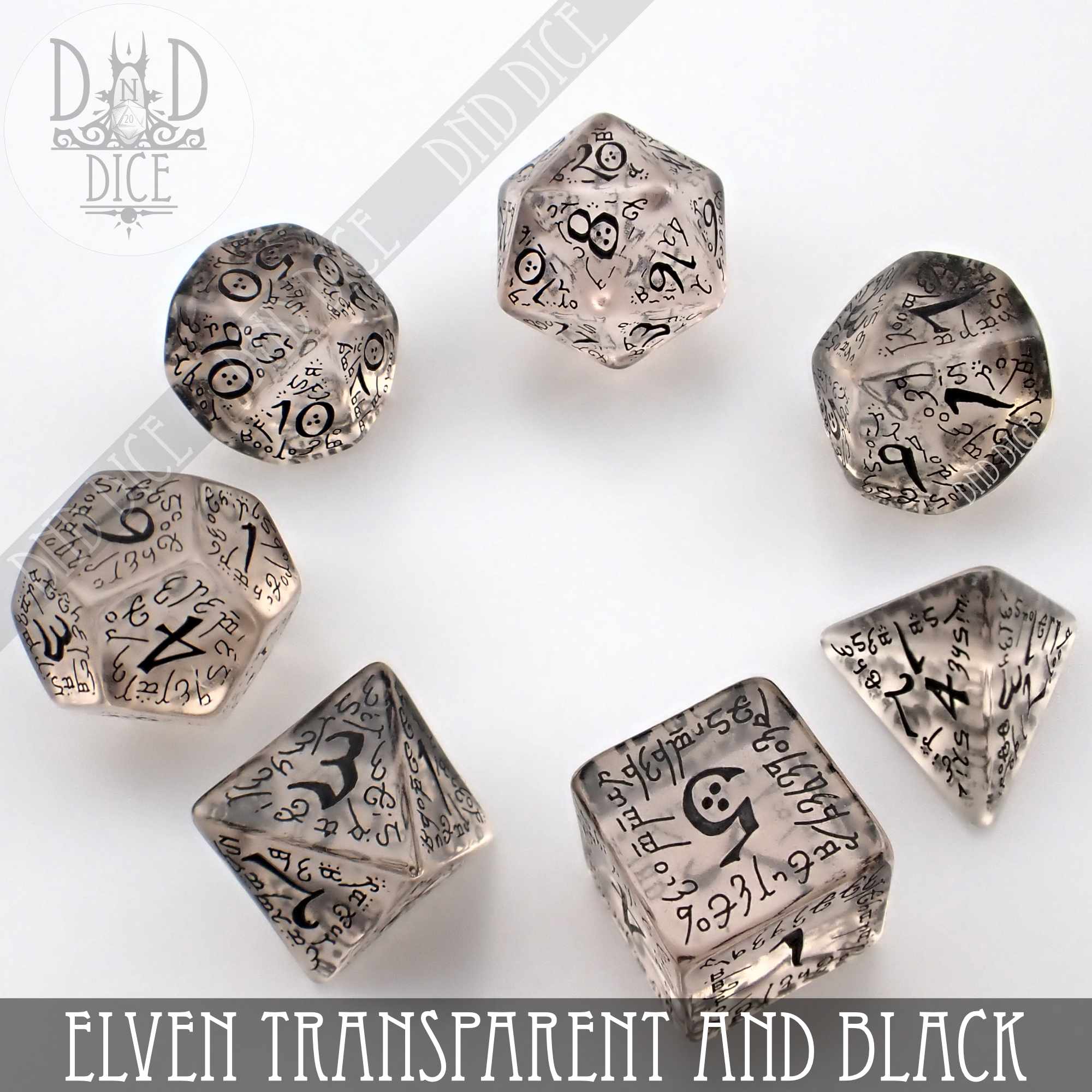 Elven Transparent & Black Dice Set - Bards & Cards