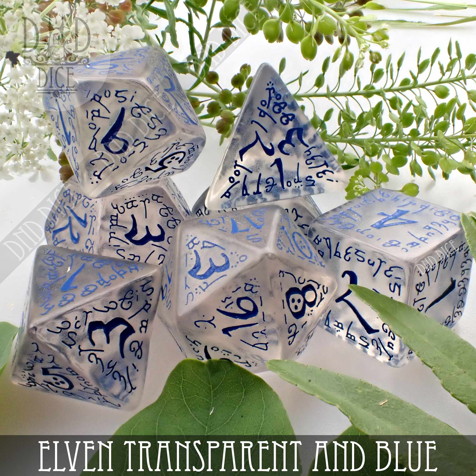 Elven Transparent & Blue Dice Set - Bards & Cards