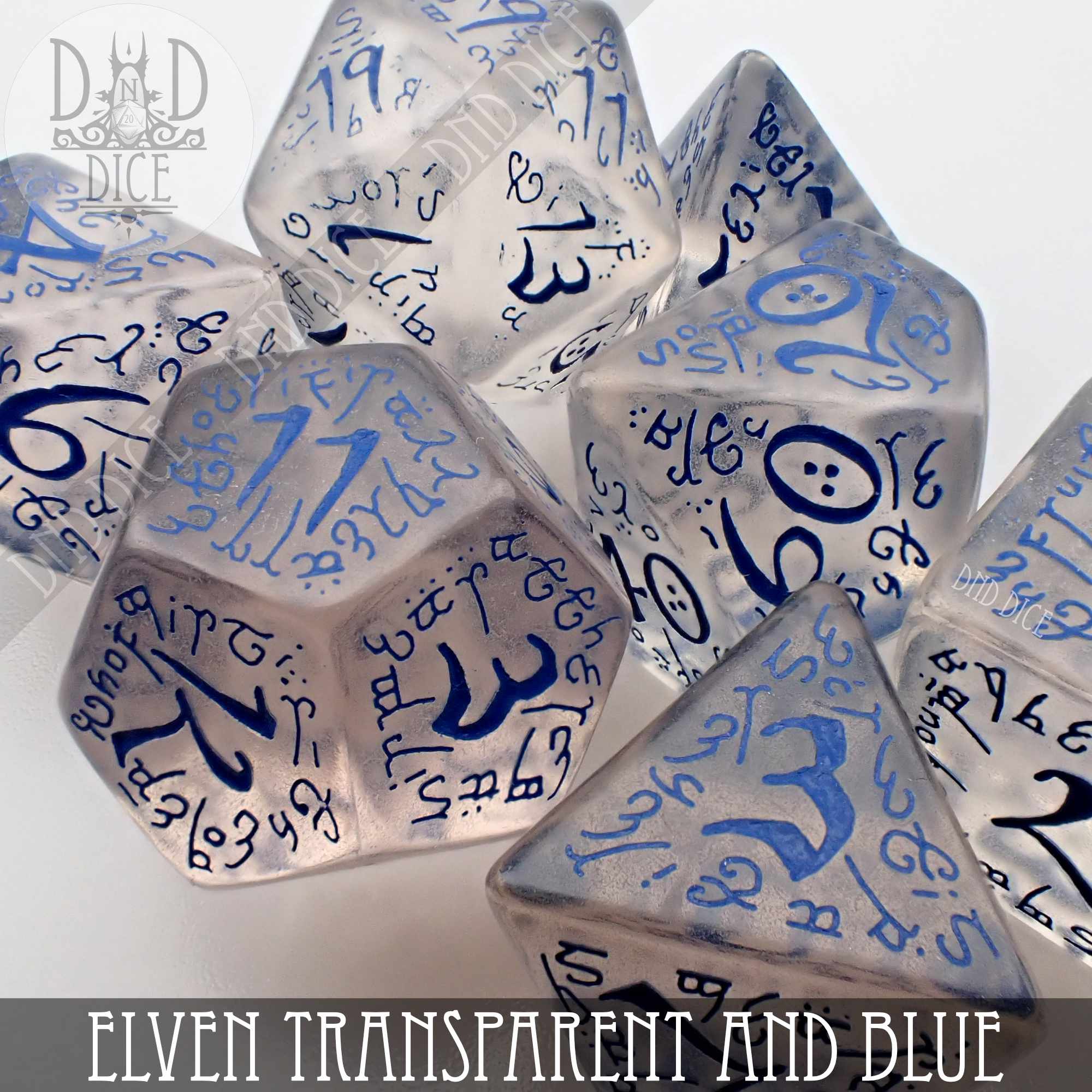 Elven Transparent & Blue Dice Set - Bards & Cards