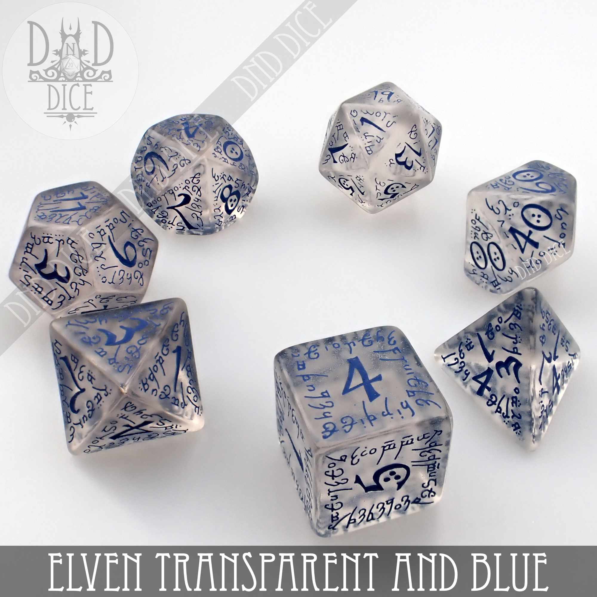 Elven Transparent & Blue Dice Set - Bards & Cards