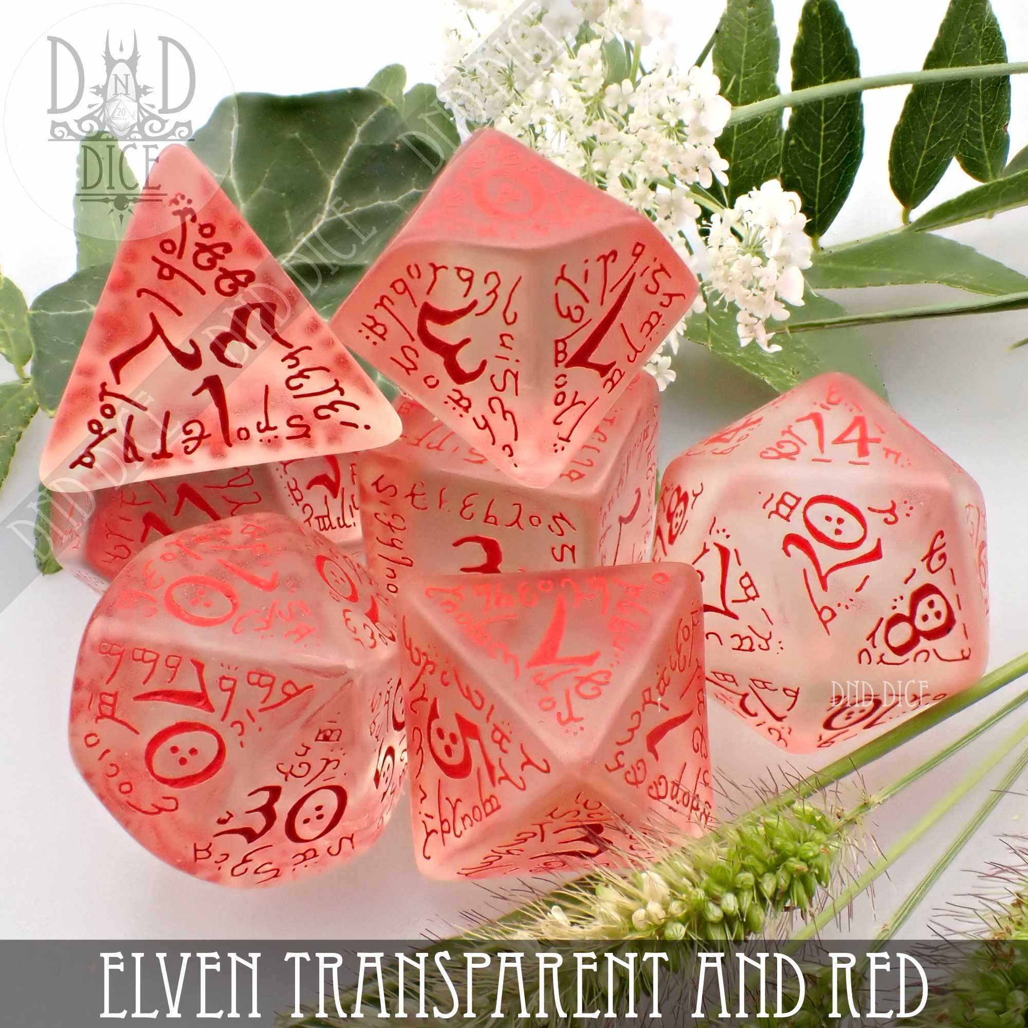 Elven Transparent & Red Dice Set - Bards & Cards