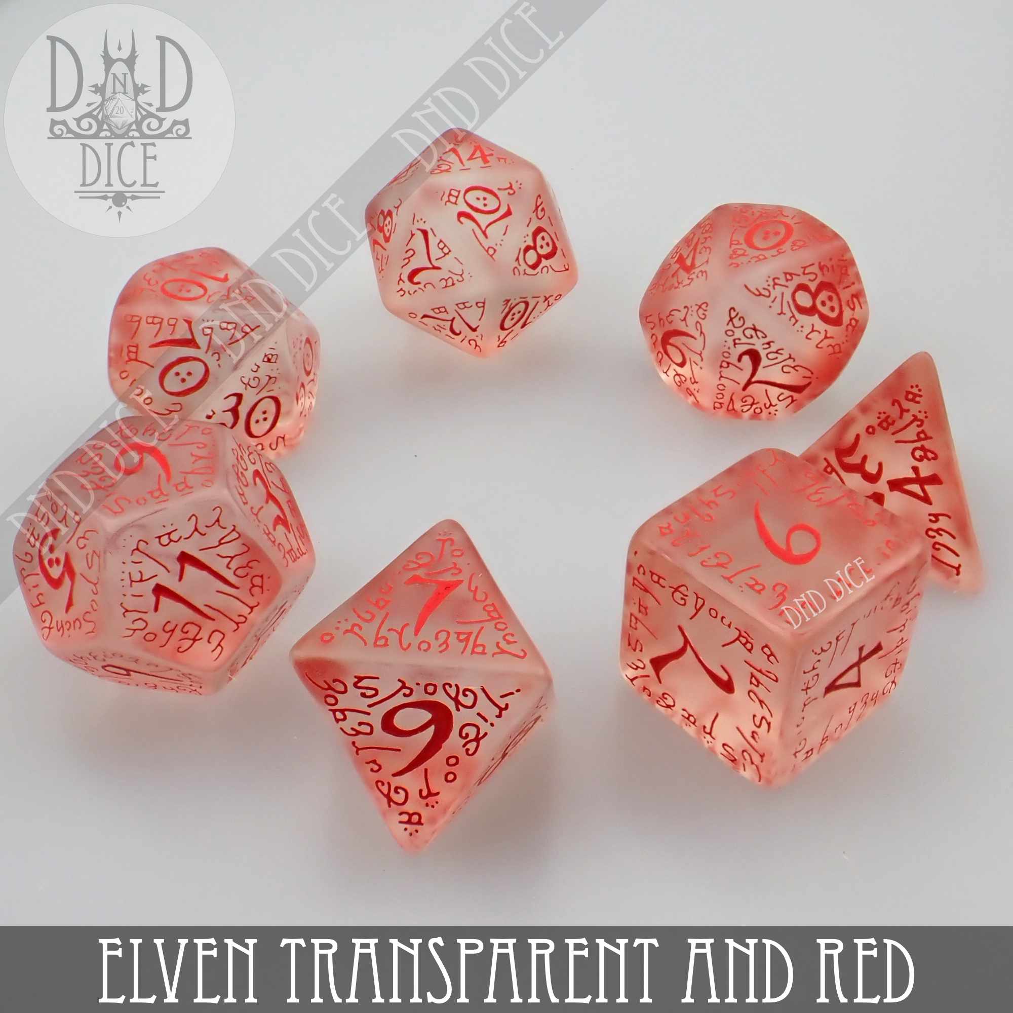 Elven Transparent & Red Dice Set - Bards & Cards