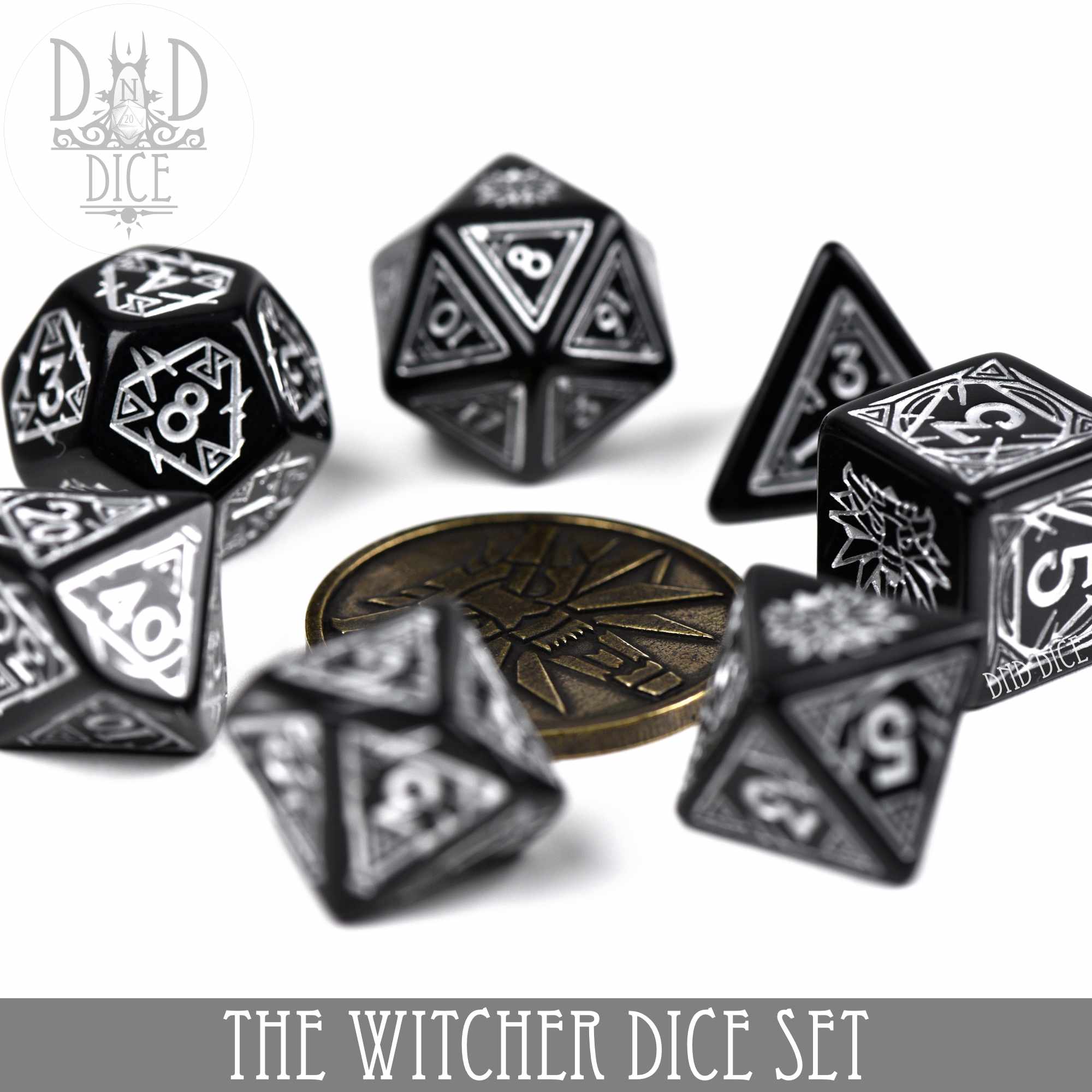 The Witcher Dice Set and Coin - Geralt - Bards & Cards