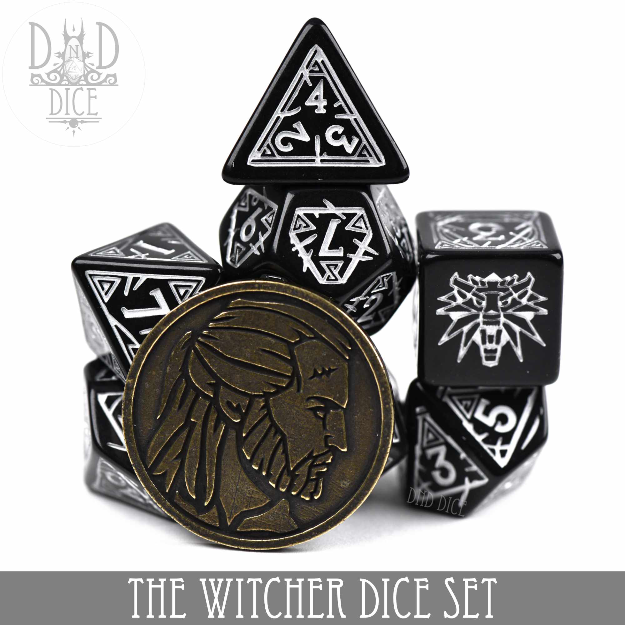 The Witcher Dice Set and Coin - Geralt - Bards & Cards