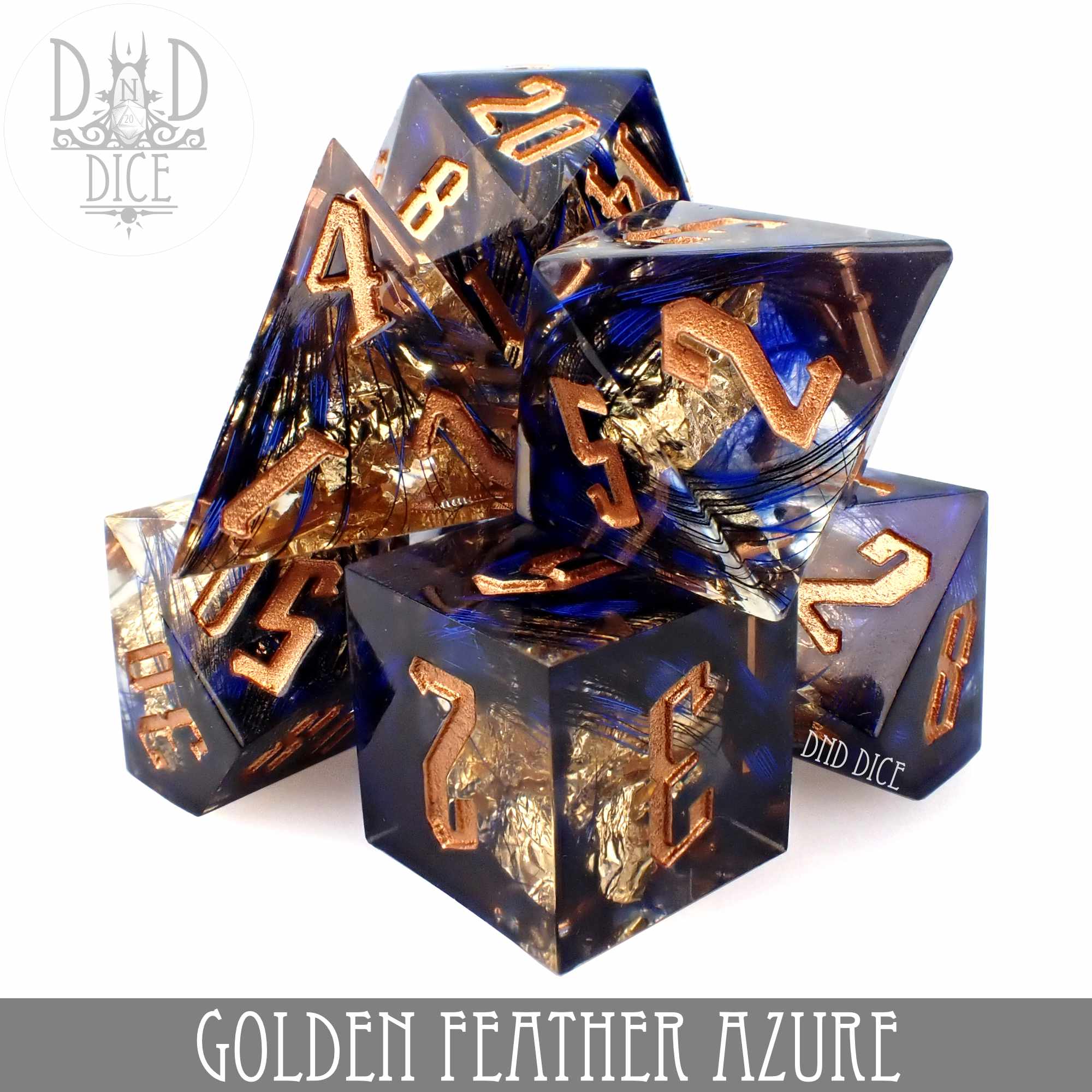 Golden Feather Azure Handmade Dice Set - Bards & Cards