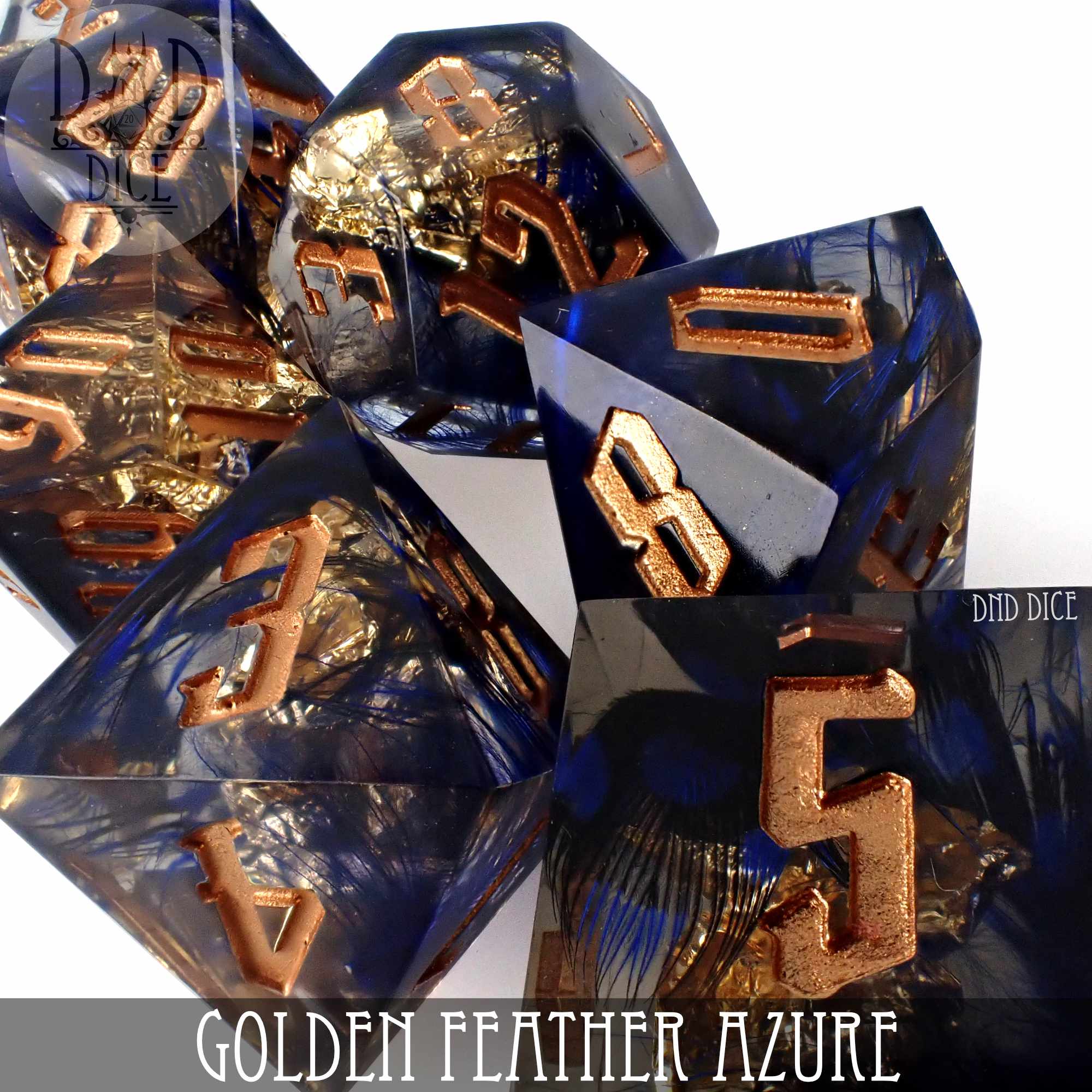 Golden Feather Azure Handmade Dice Set - Bards & Cards