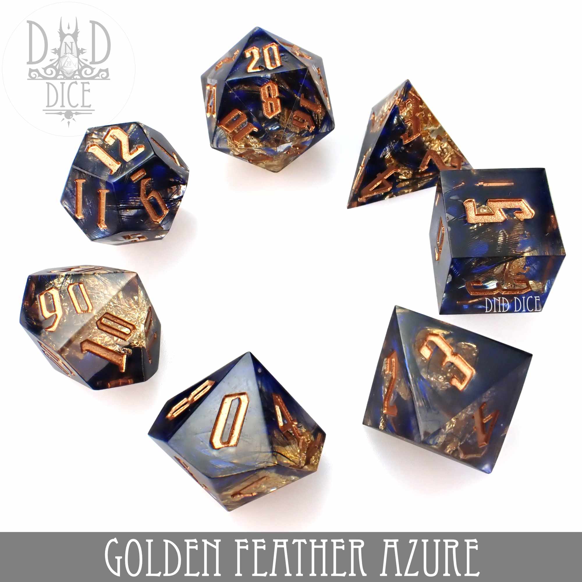 Golden Feather Azure Handmade Dice Set - Bards & Cards