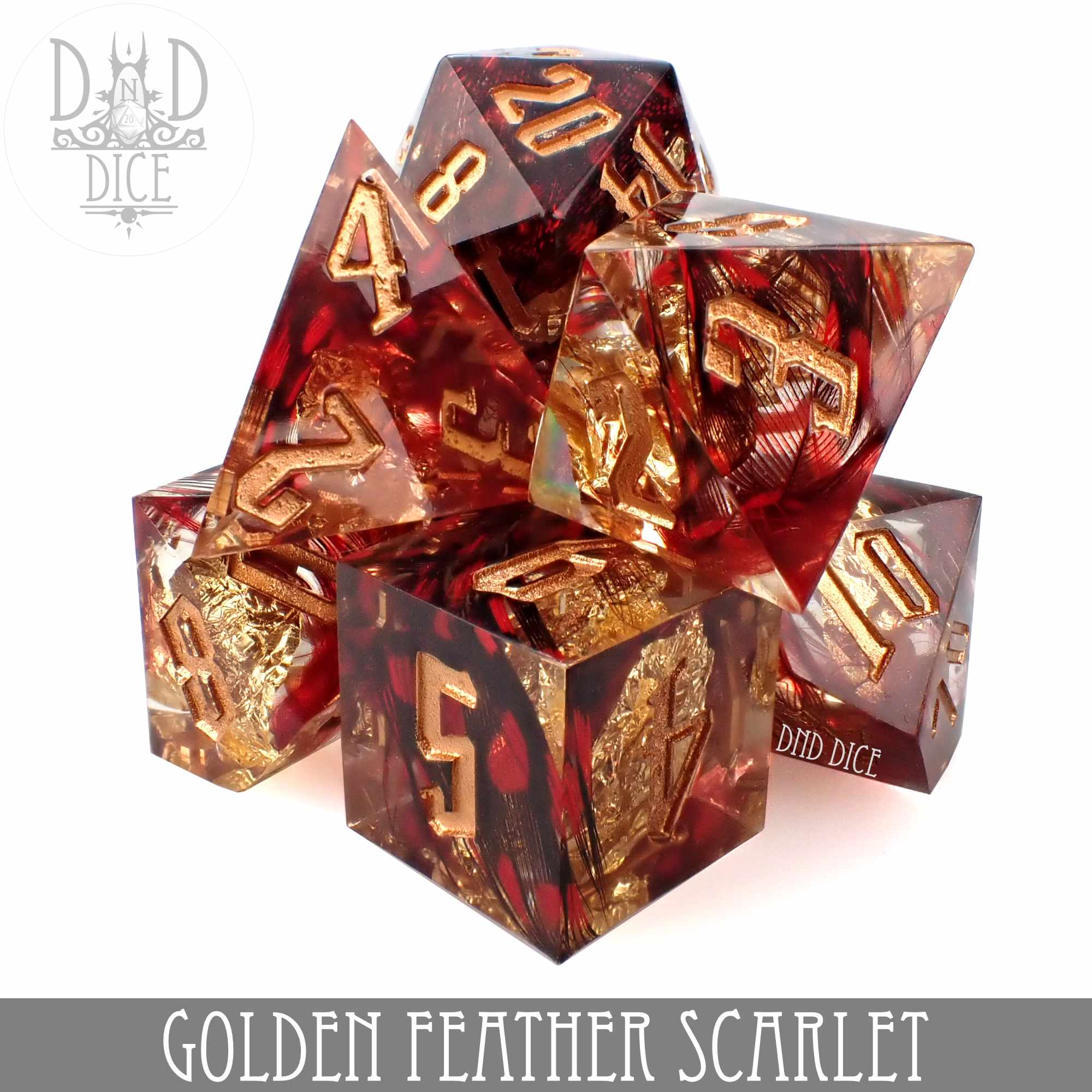 Golden Feather Scarlet Handmade Dice Set - Bards & Cards