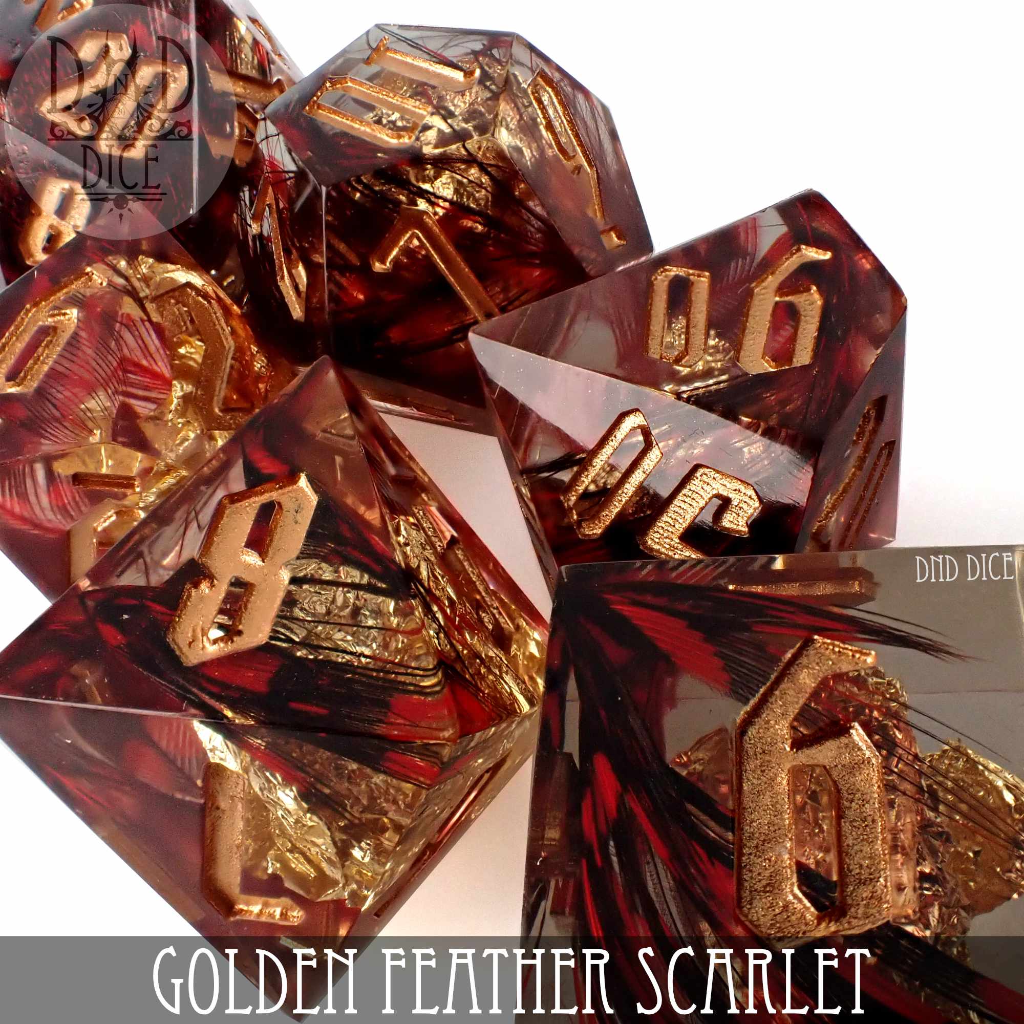 Golden Feather Scarlet Handmade Dice Set - Bards & Cards