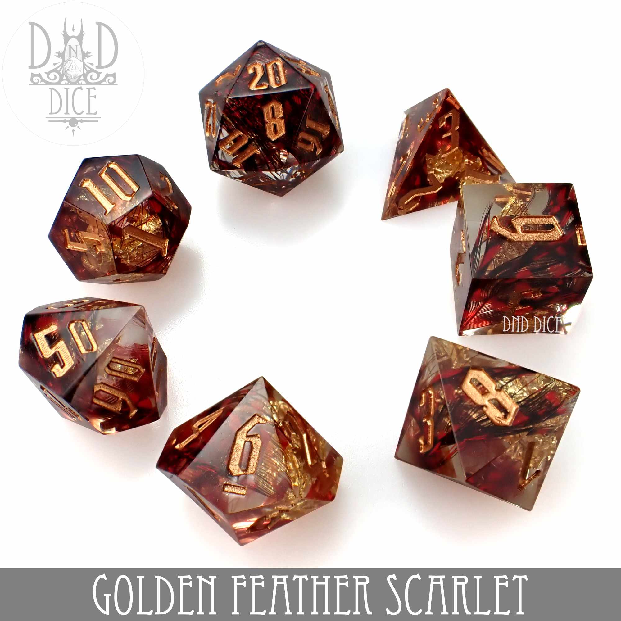 Golden Feather Scarlet Handmade Dice Set - Bards & Cards