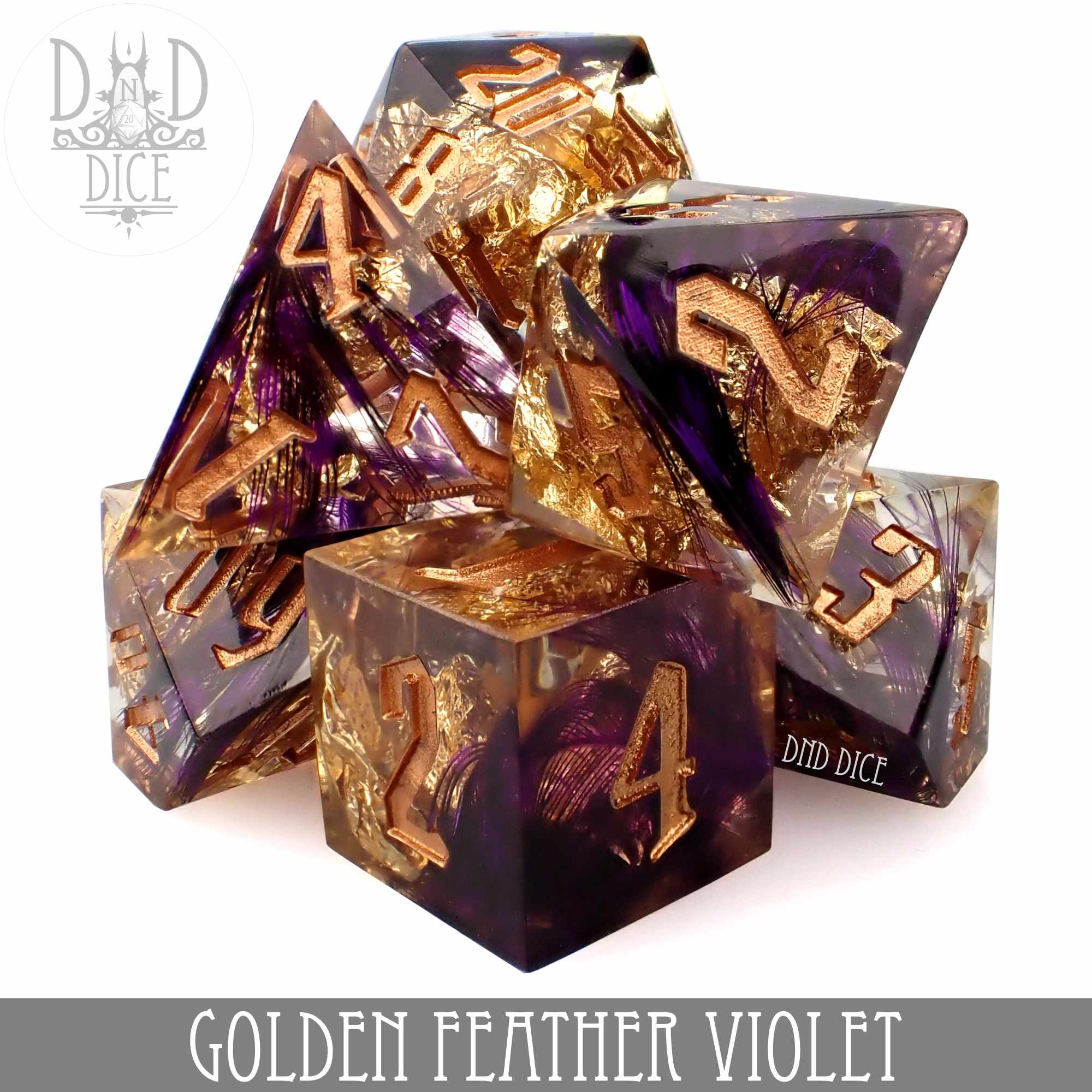 Golden Feather Violet Handmade Dice Set - Bards & Cards