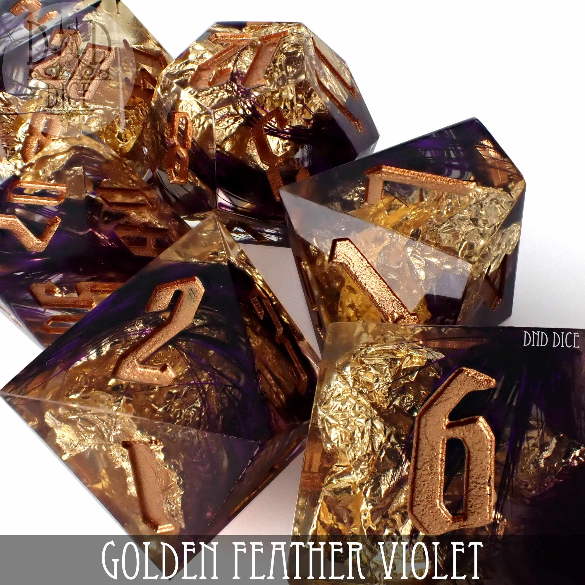 Golden Feather Violet Handmade Dice Set - Bards & Cards