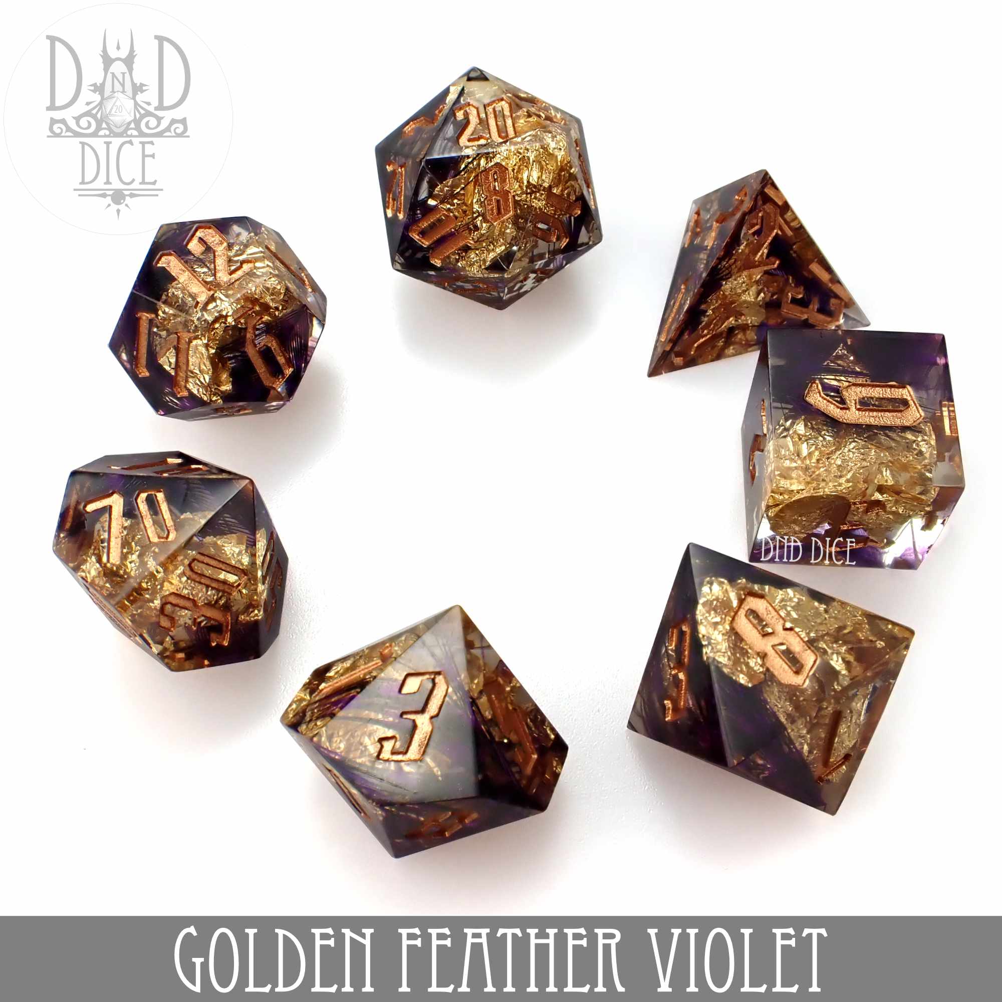 Golden Feather Violet Handmade Dice Set - Bards & Cards