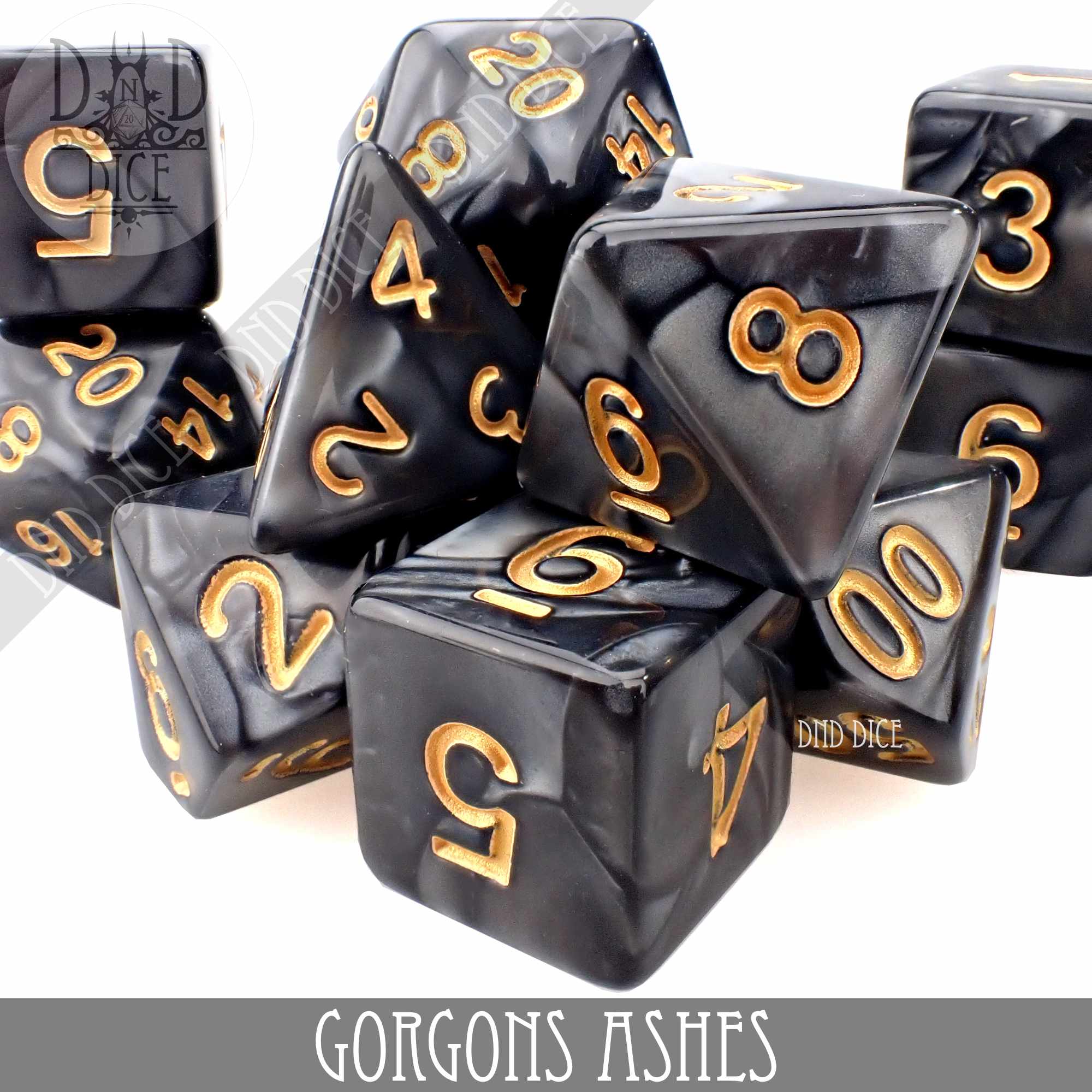 Gorgons Ashes 7 or 11 Dice Set - Bards & Cards