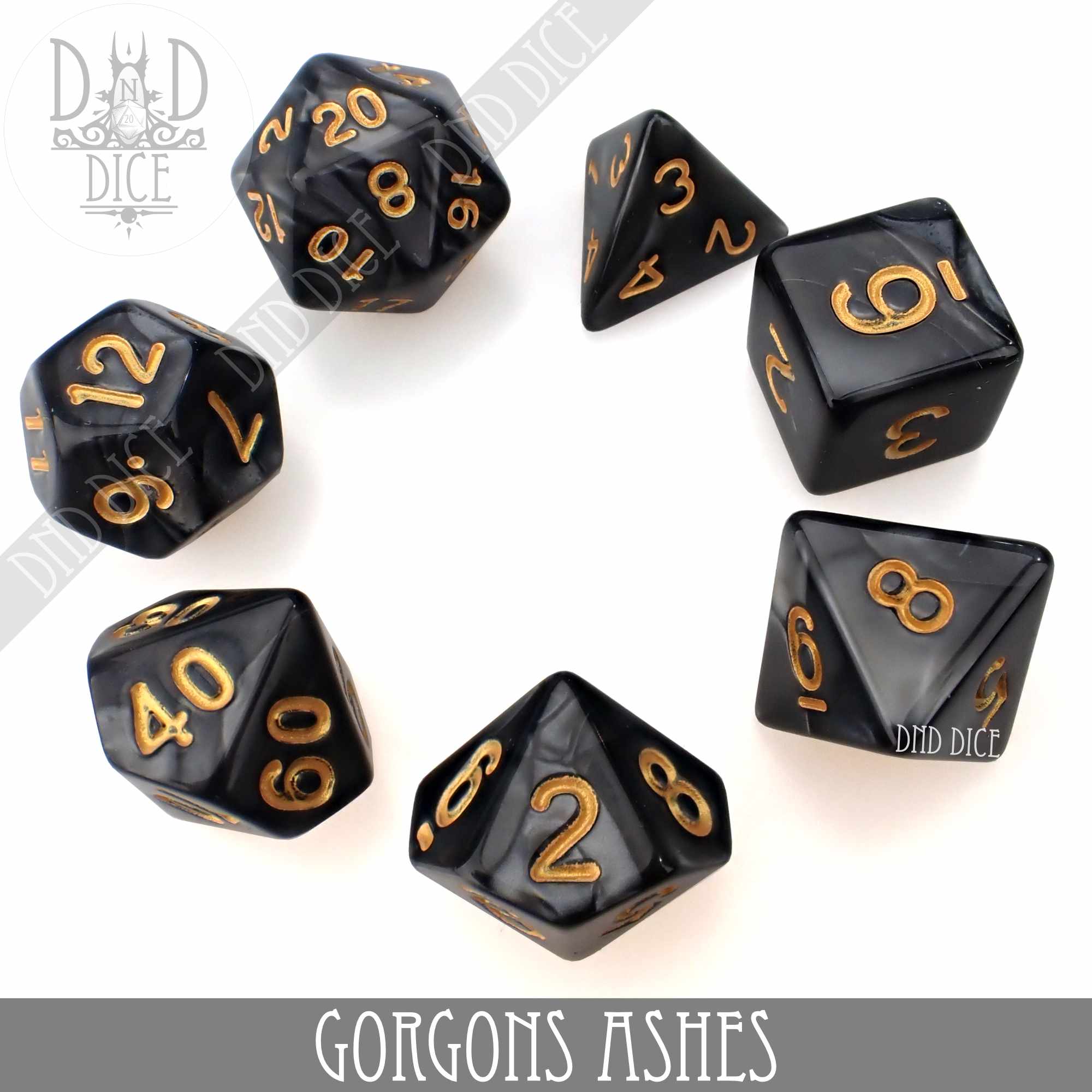 Gorgons Ashes 7 or 11 Dice Set - Bards & Cards