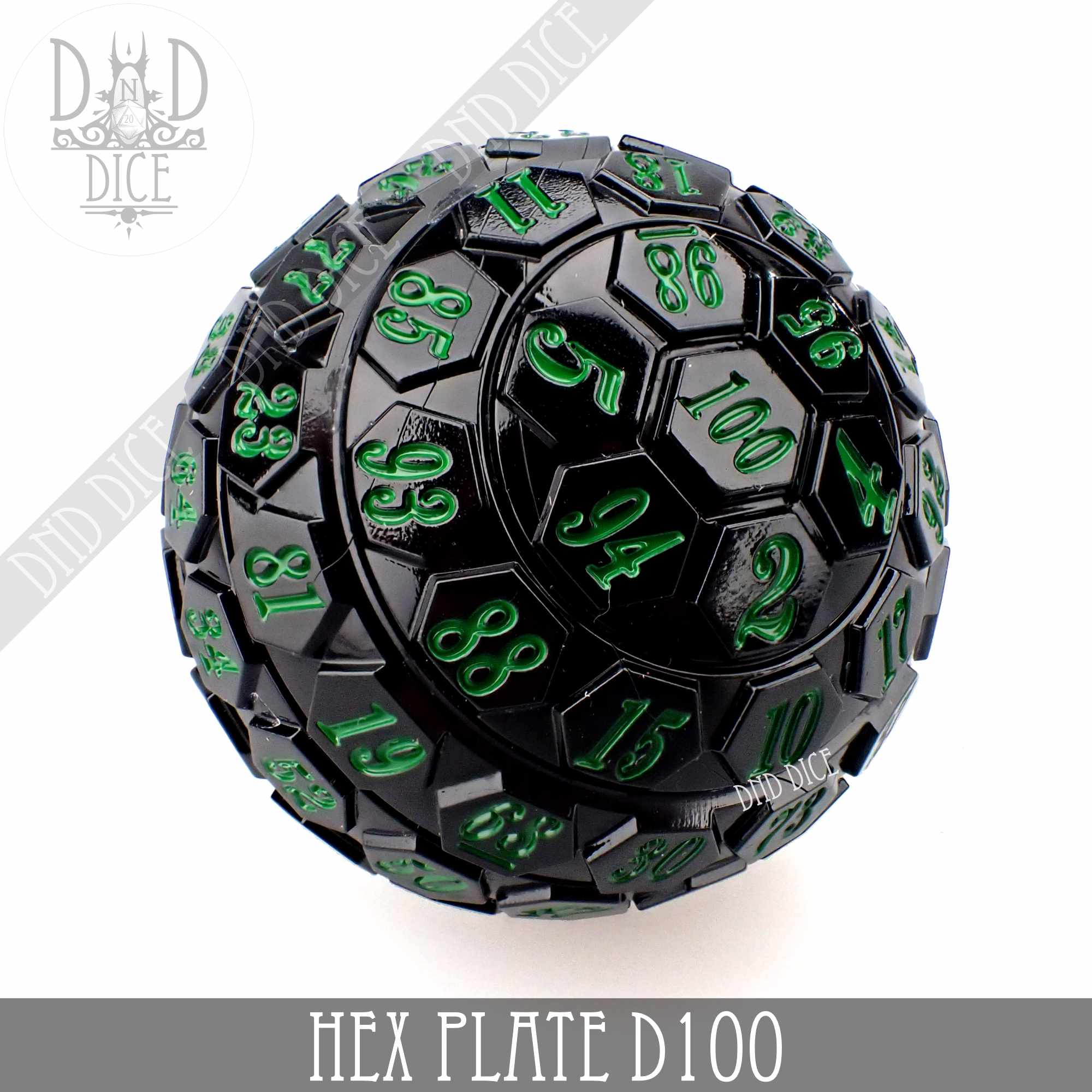 Hex Plate D100 Black With Green (45mm) - Bards & Cards